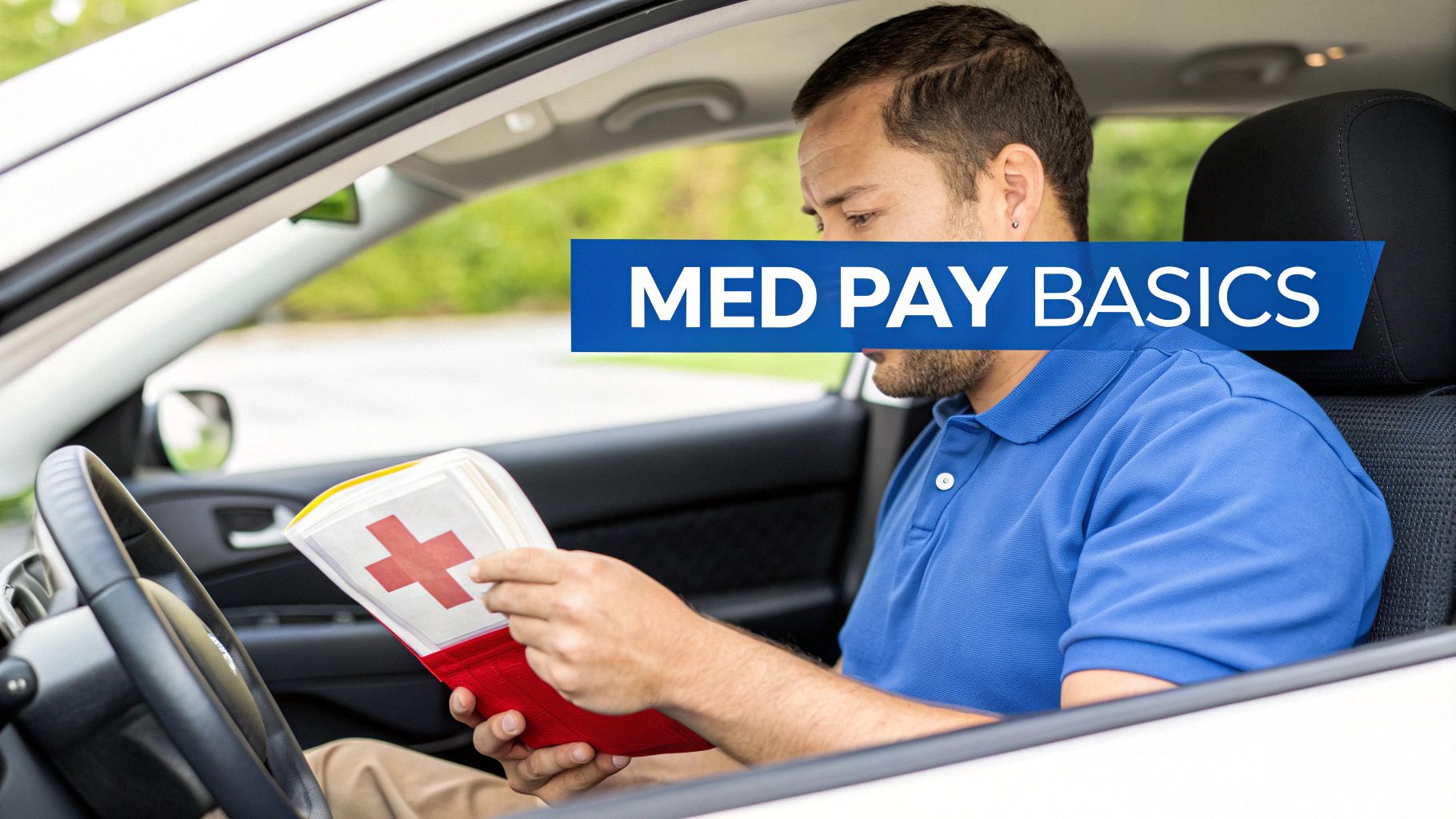A man in a blue polo shirt sits in a car, reading a book with a red cross symbol, with a 'MED PAY BASICS' overlay.