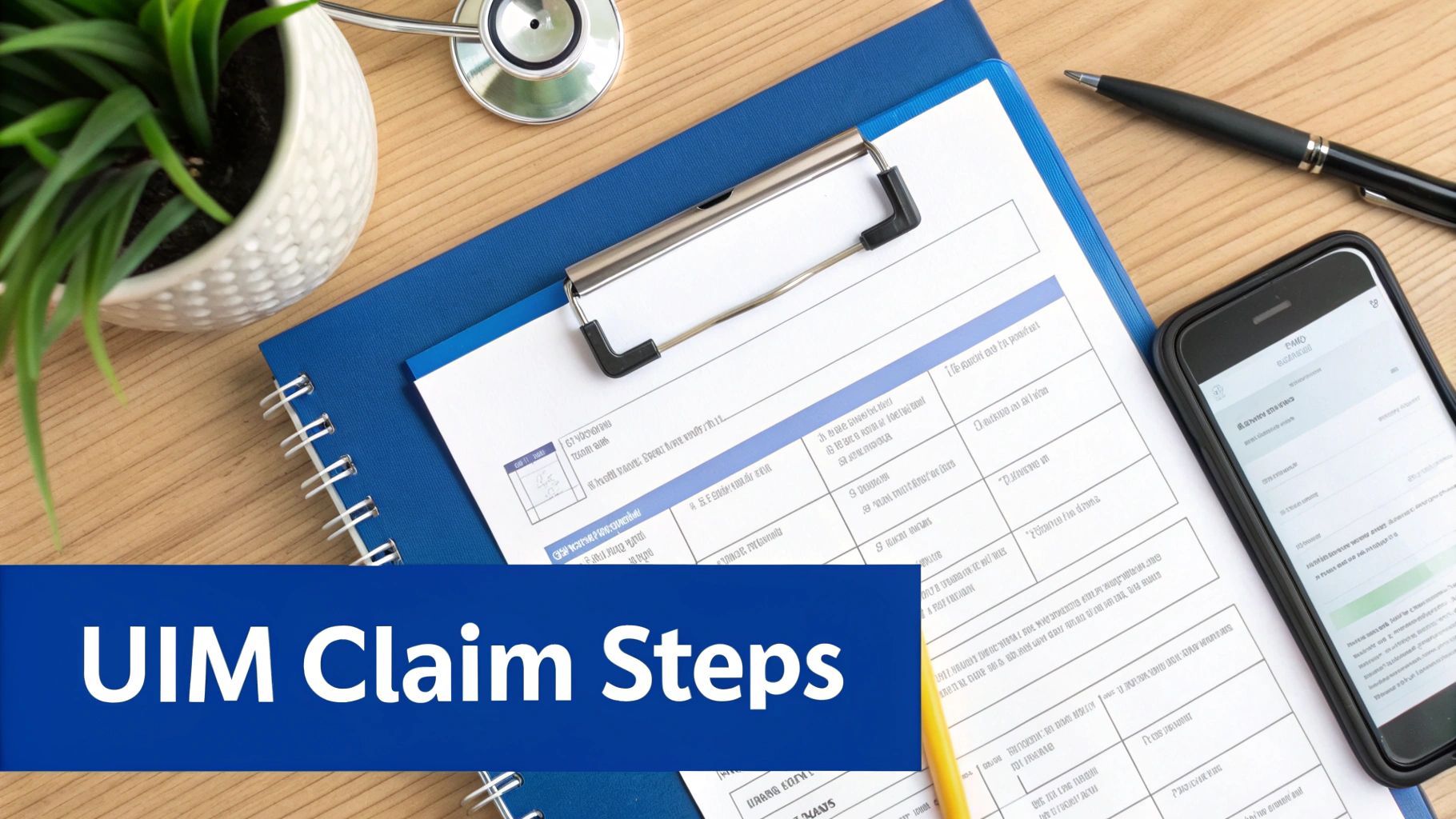 Overhead view of a medical claim form on a clipboard, stethoscope, pen, and smartphone on a wooden desk, displaying 'UIM Claim Steps'.