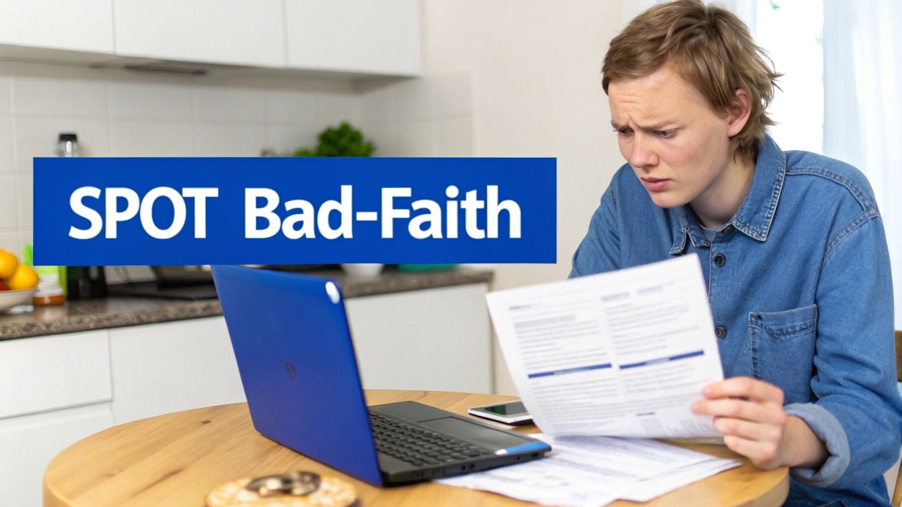 A confused young person reads documents at a table with a laptop, under a "SPOT Bad-Faith" banner.