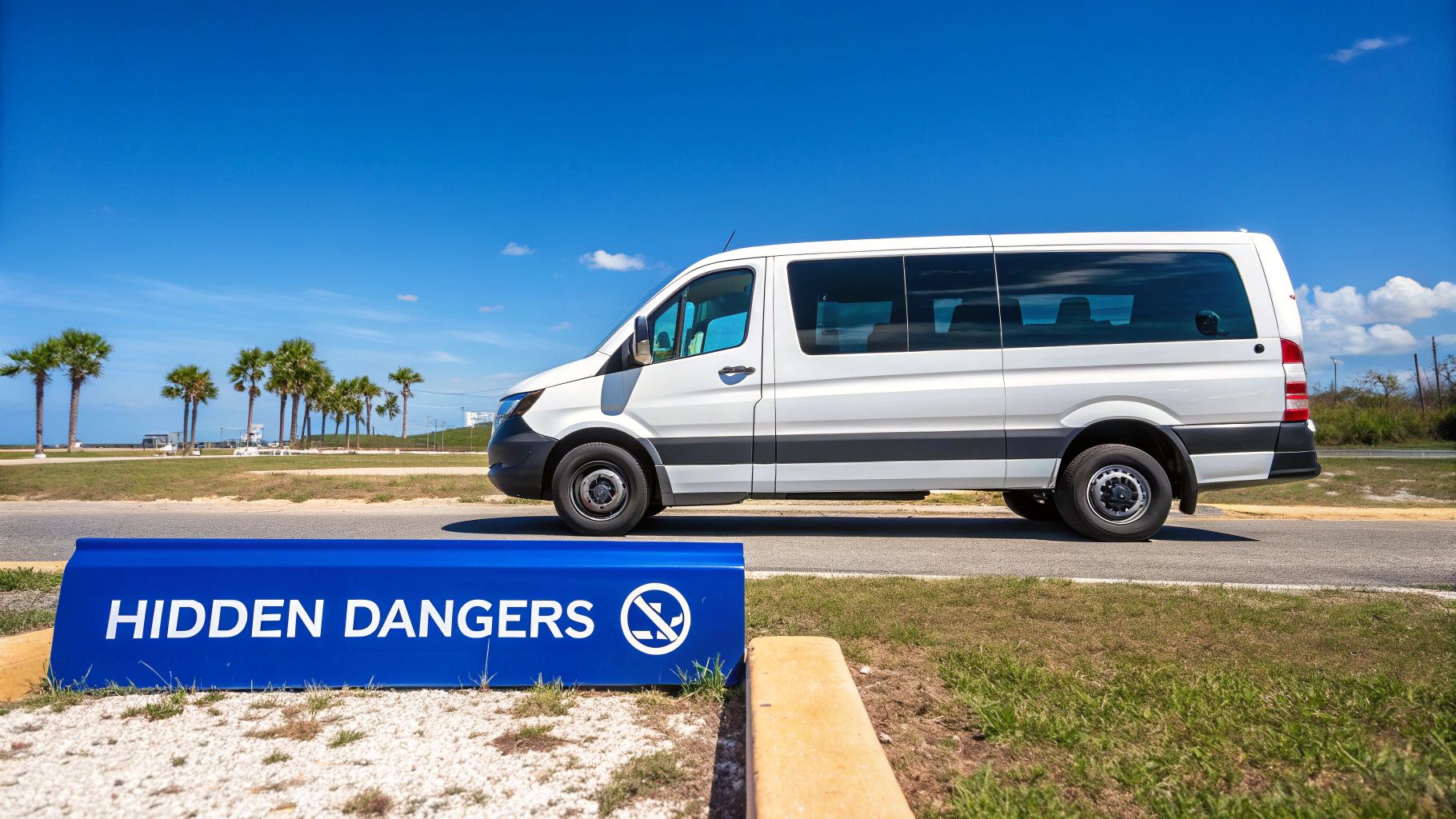 A white passenger van parked by a blue "Hidden Dangers" sign under a sunny sky.