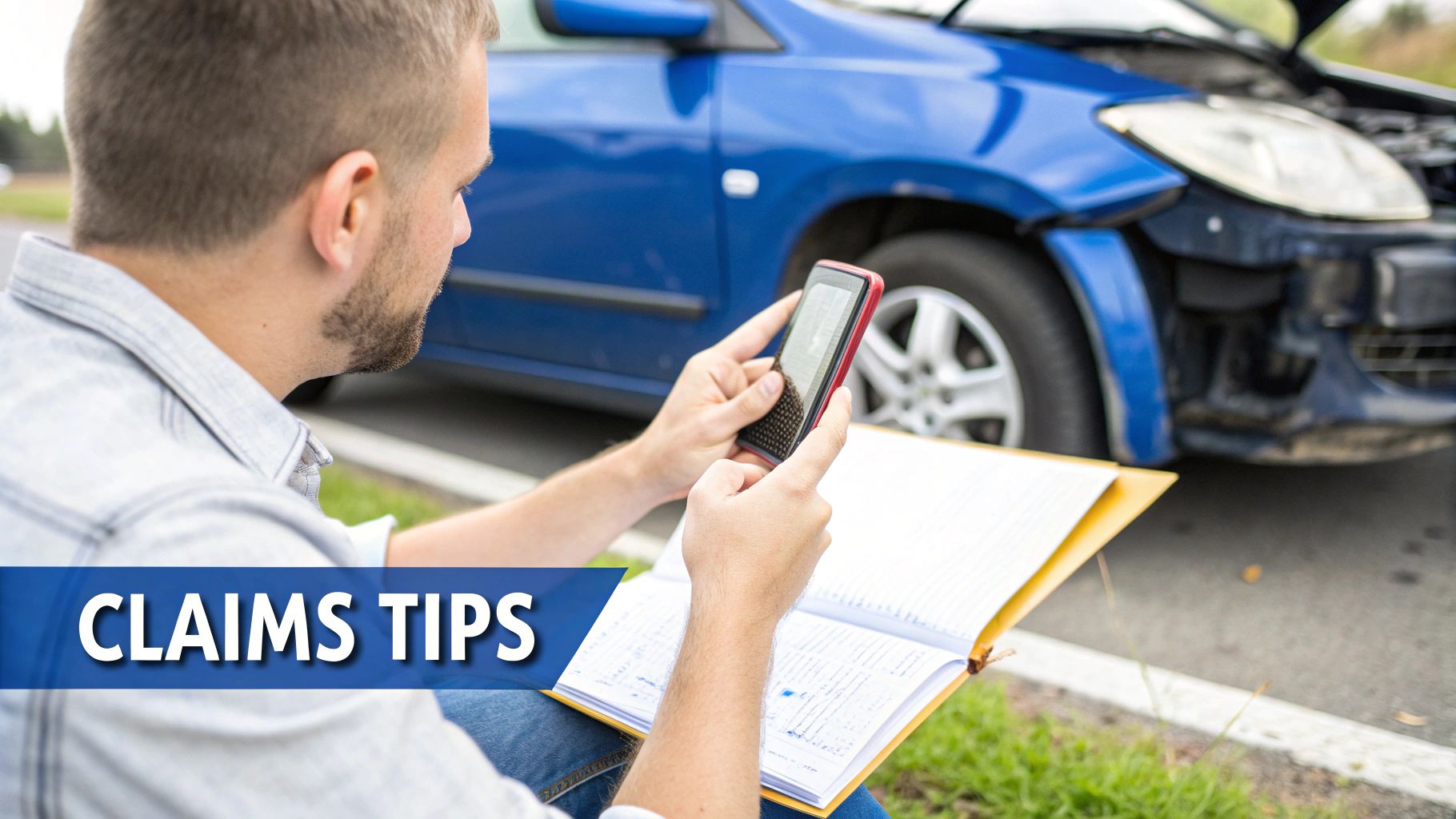Insurance adjuster documenting car accident damage with smartphone and notepad for claims processing