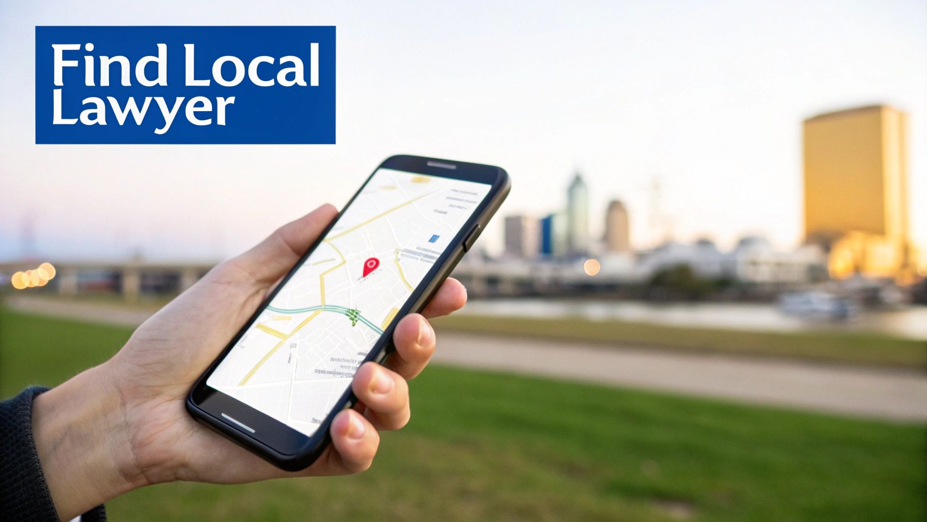 A hand holds a smartphone displaying a map with a red location pin, overlaid with text 'Find Local Lawyer' for city search.