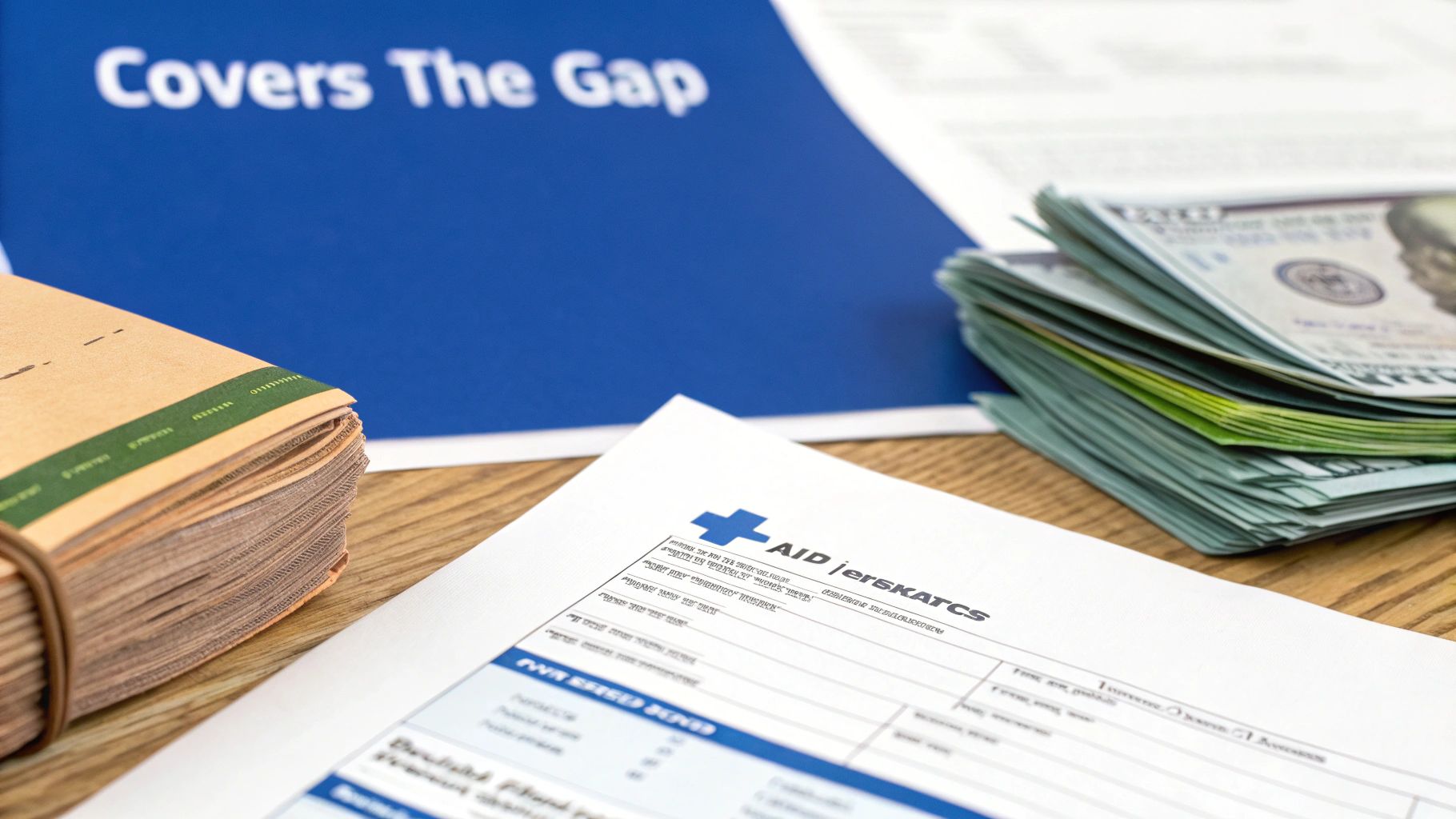 Documents, a stack of money, and a blue folder with 'Covers The Gap' text, suggesting financial or medical aid.