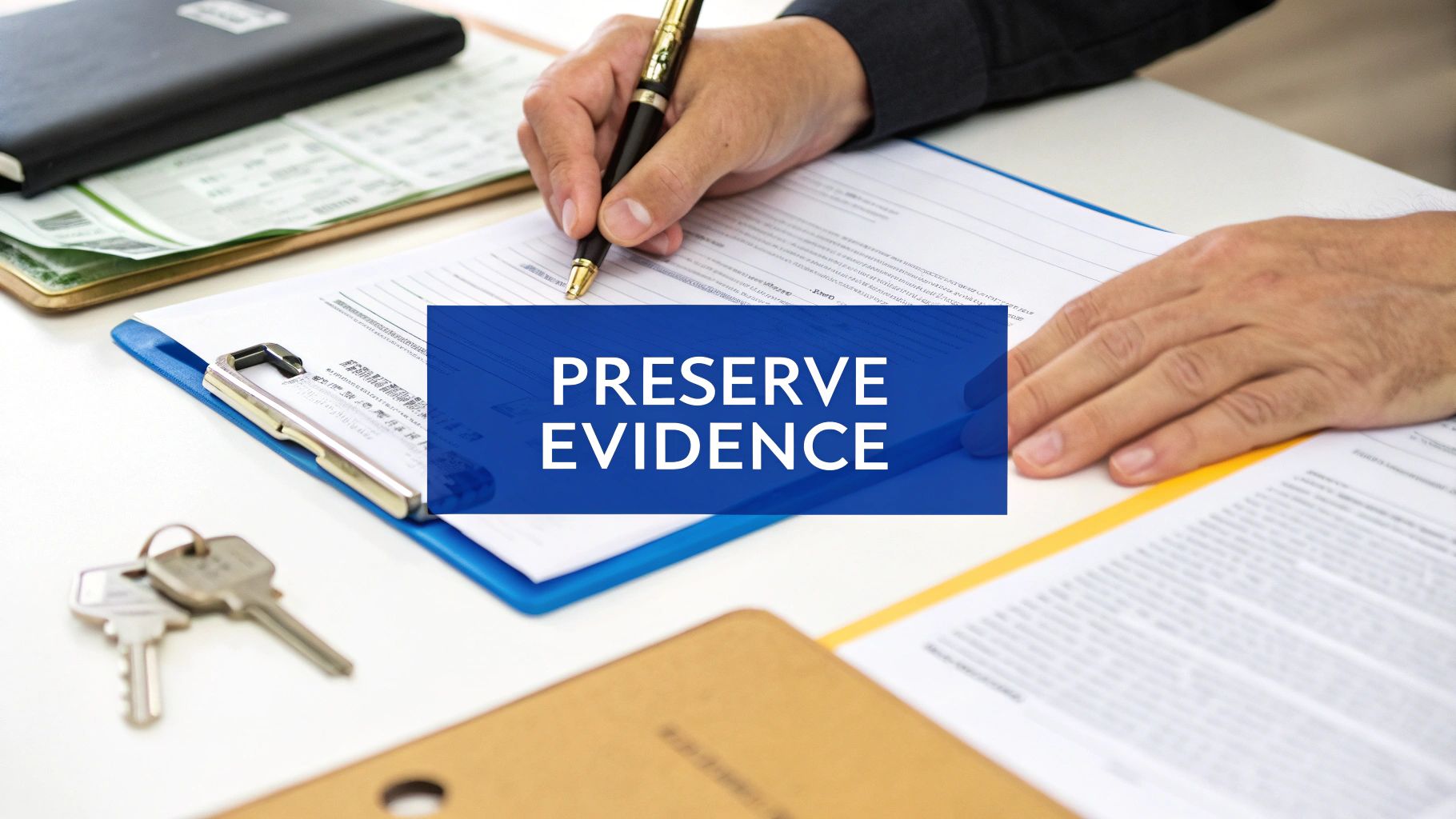 A person writing on a document on a desk with legal papers and keys, featuring 'PRESERVE EVIDENCE' text.