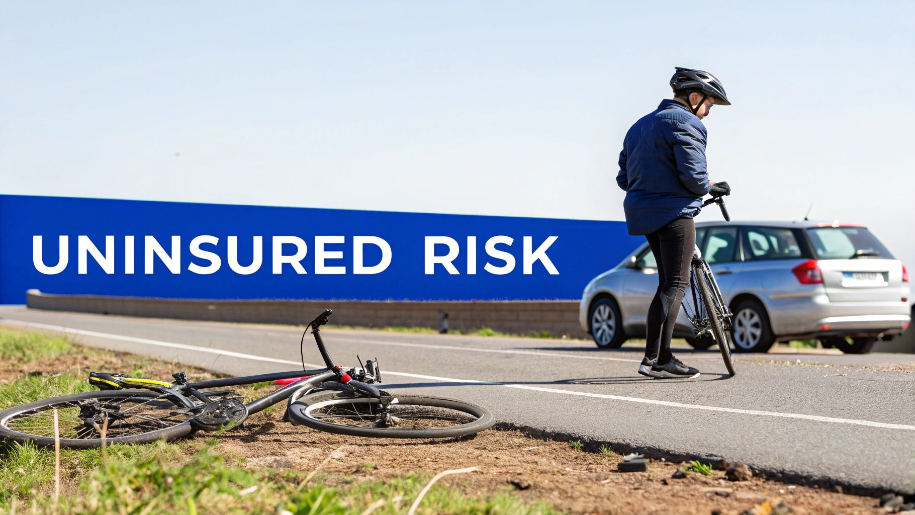 A cyclist stands by a road with a damaged bike and a car, beside an "UNINSURED RISK" sign.