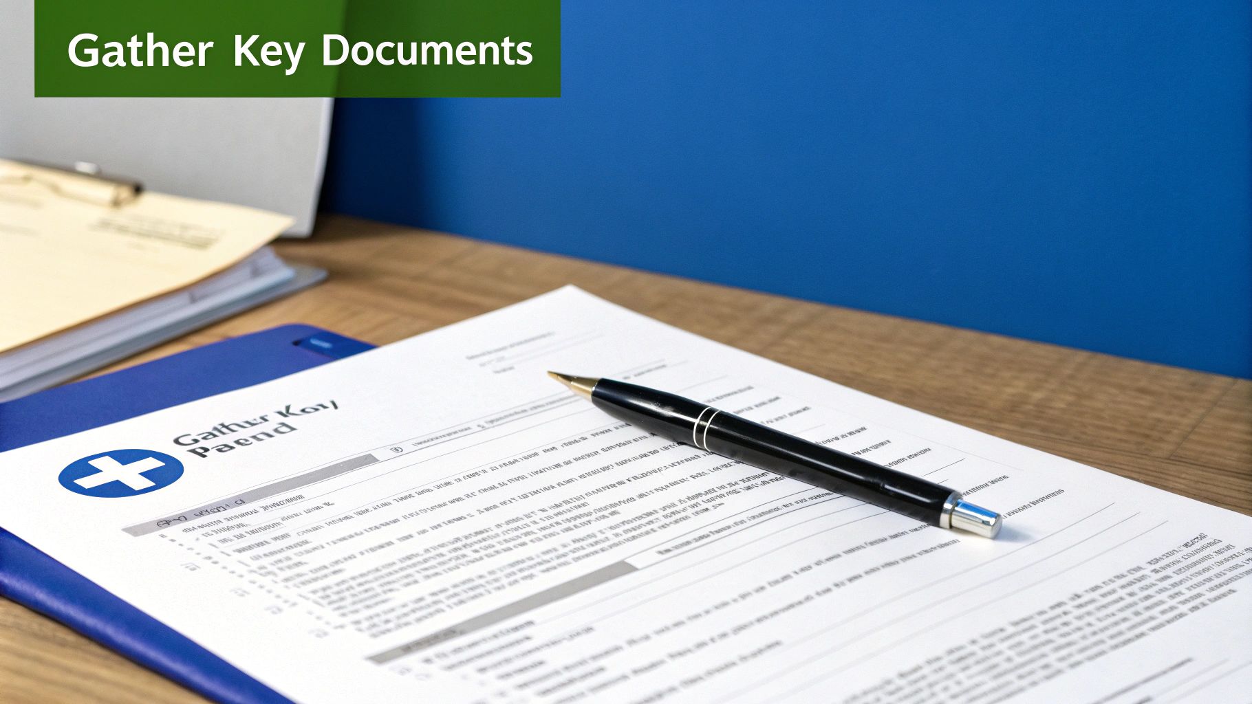 A pen rests on a document on a blue folder, with a green banner saying 'Gather Key Documents'.