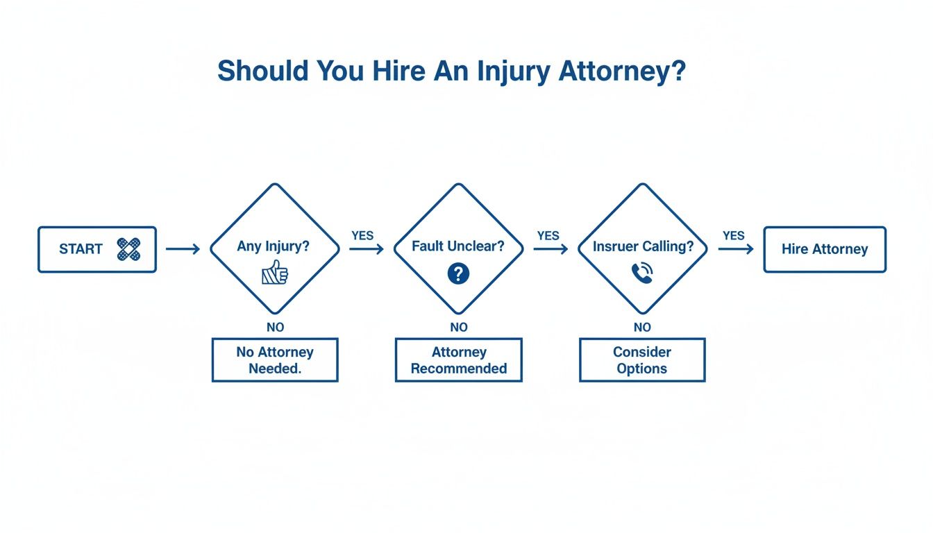 A flowchart guiding the decision on when to hire an injury attorney, based on injury, fault, and insurer contact.