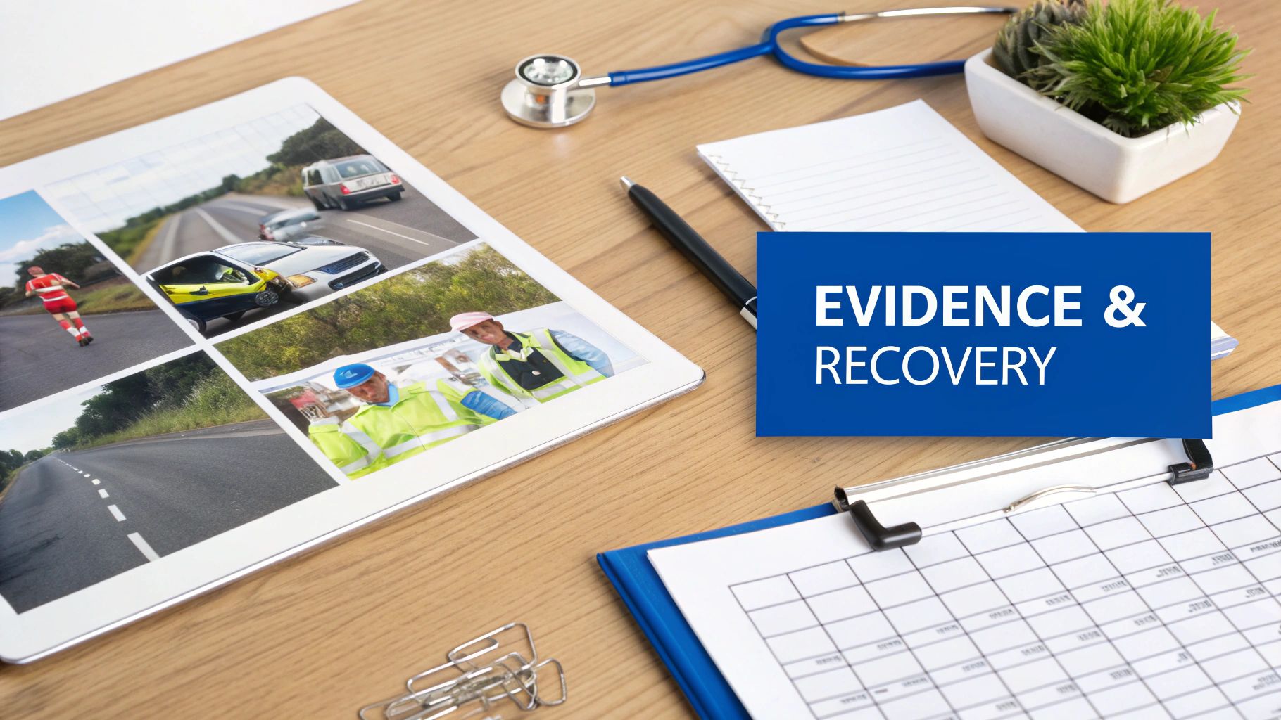 A desk with a tablet showing accident photos, a stethoscope, and documents, featuring 'EVIDENCE & RECOVERY' text.