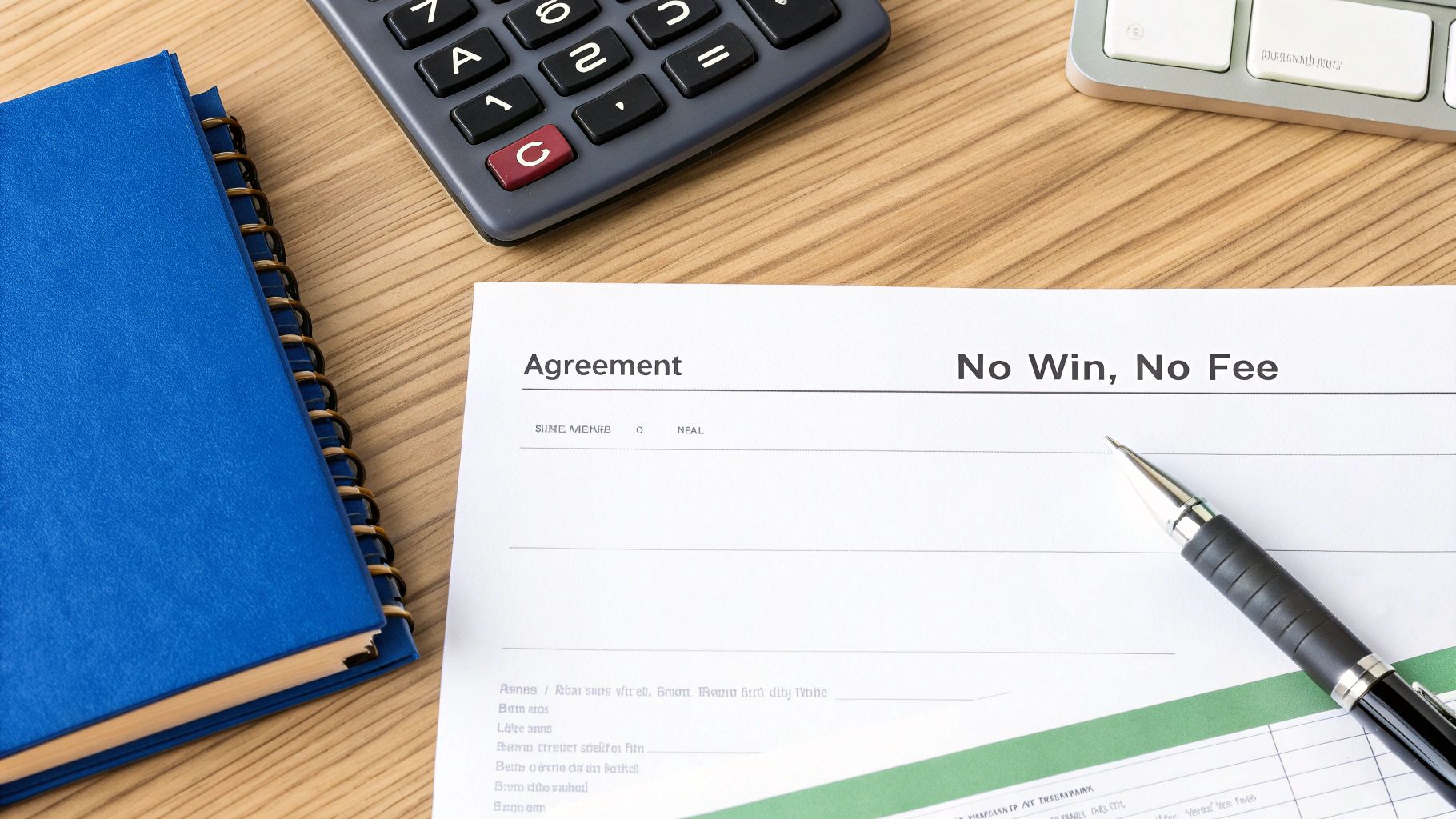 A document titled 'Agreement' with 'No Win, No Fee' on a wooden desk with a pen, calculator, and blue notebook.