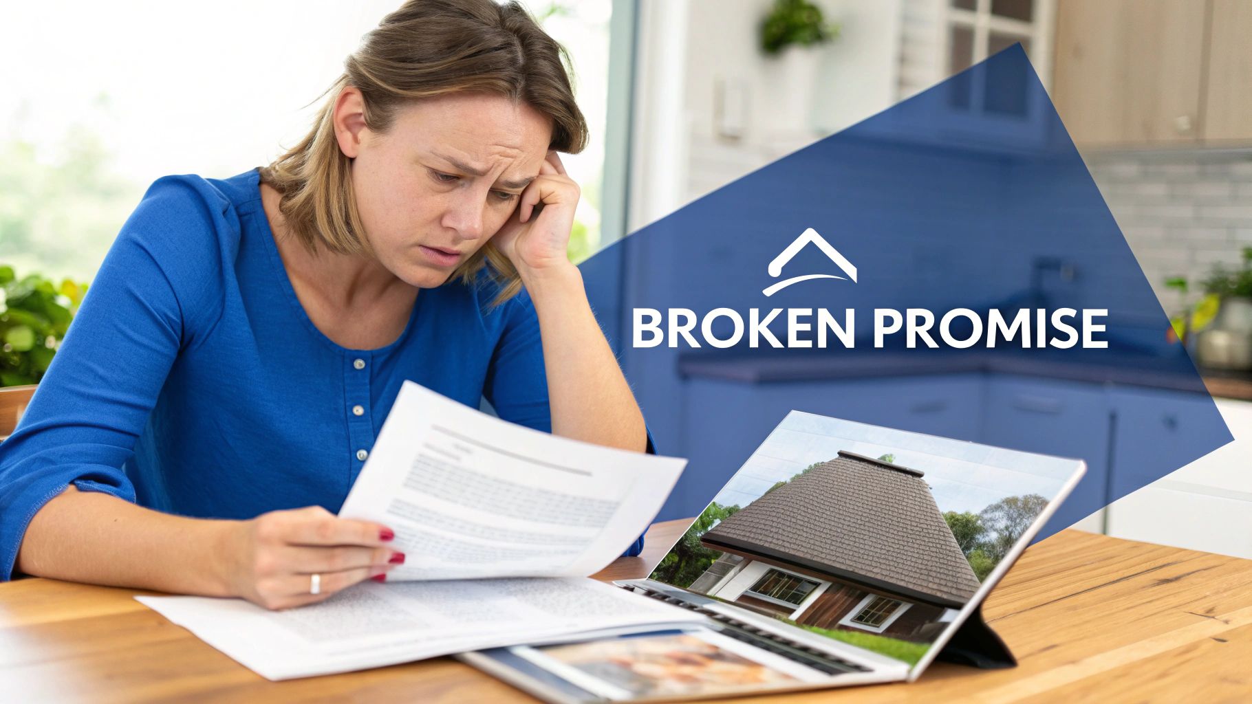 A distressed woman reviews documents, with a laptop showing a house and 'BROKEN PROMISE' text.