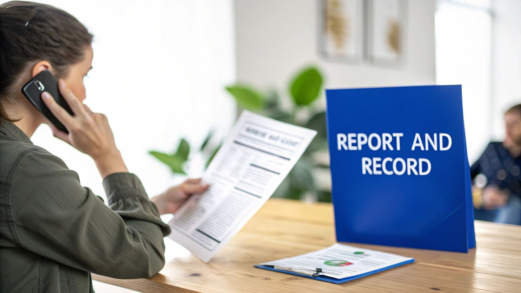 Lawyer reviewing documents with a client in a modern office setting.