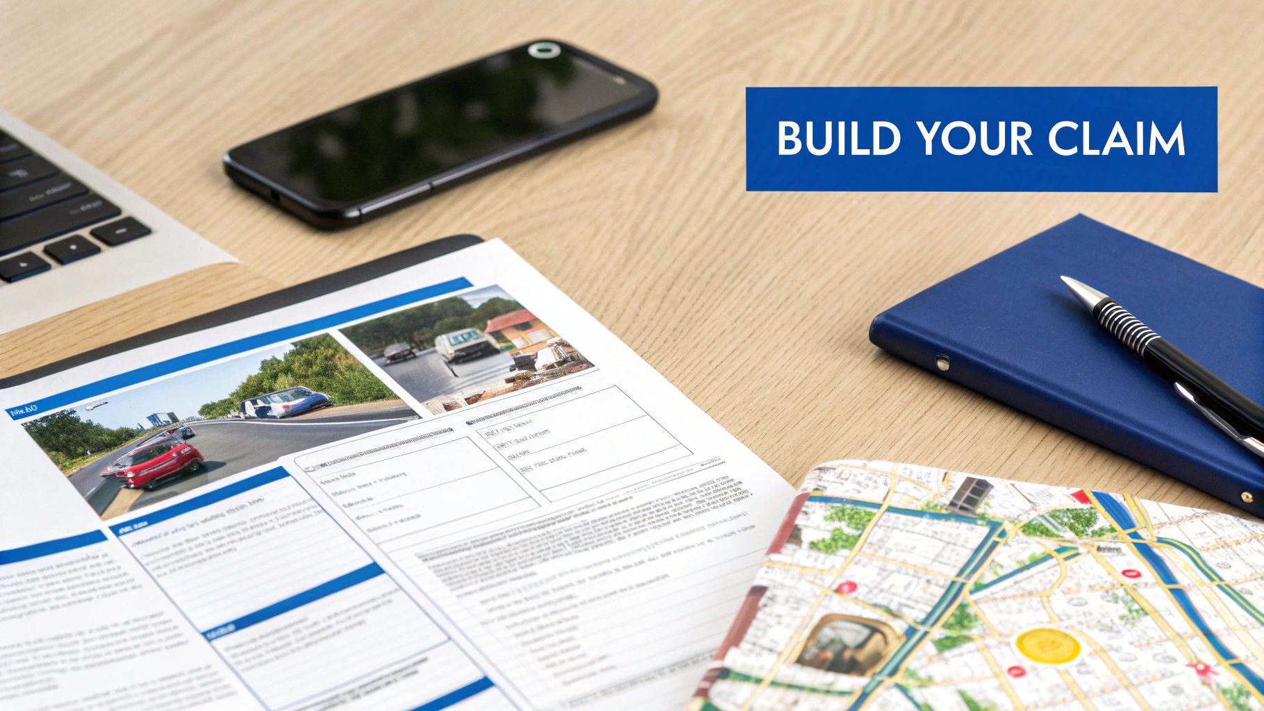 Desk with car accident claim forms, laptop, smartphone, pen, notebook, and a map, ready to build a claim.