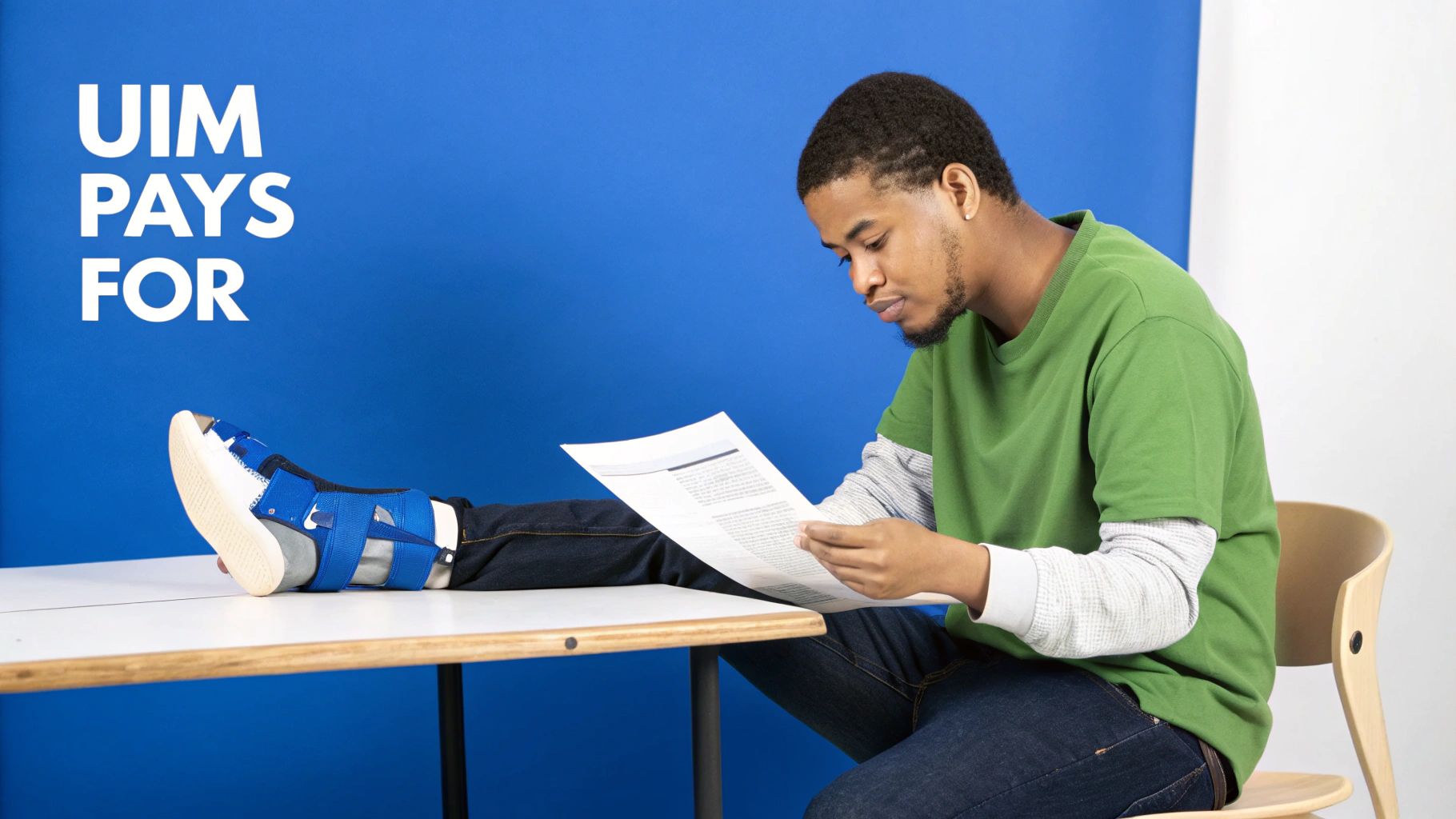 A young man with a leg brace rests his foot on a table while reading a document.