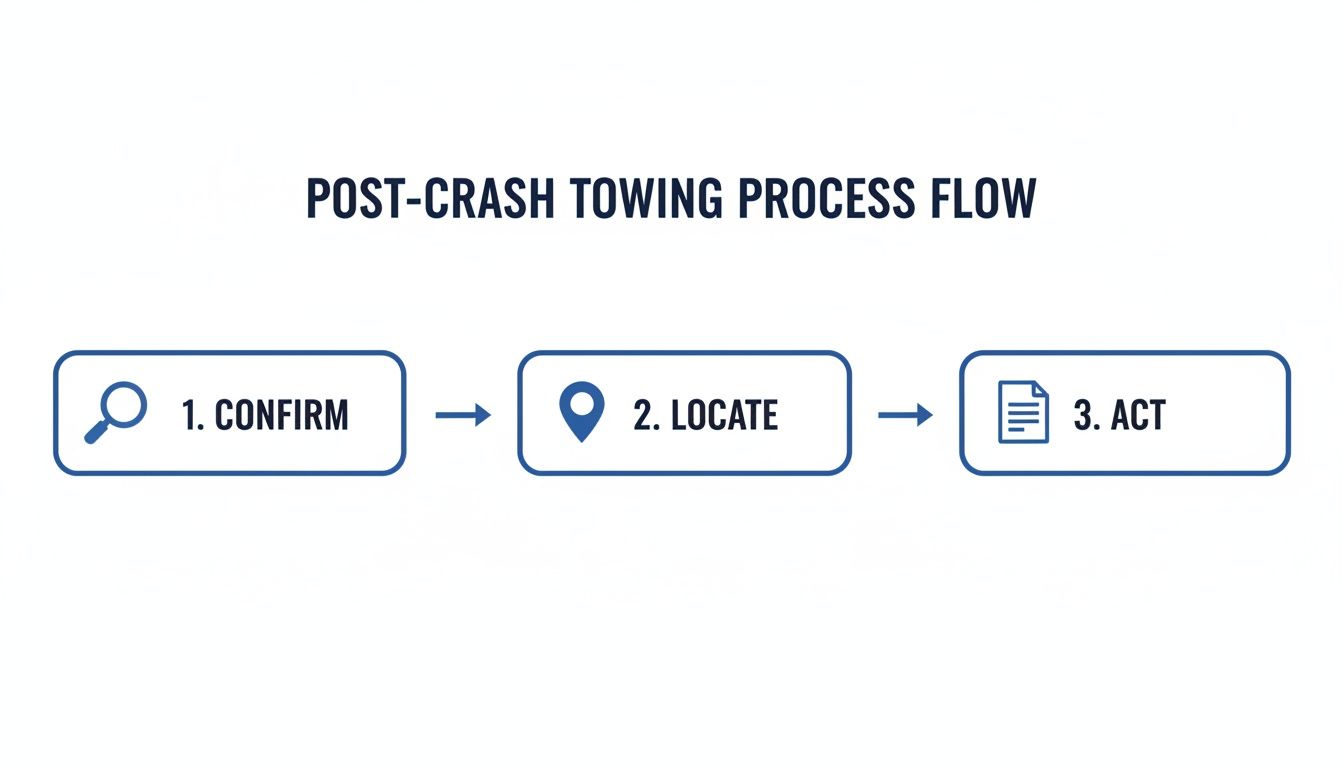 A flowchart illustrates the post-crash towing process with three steps: Confirm, Locate, and Act.