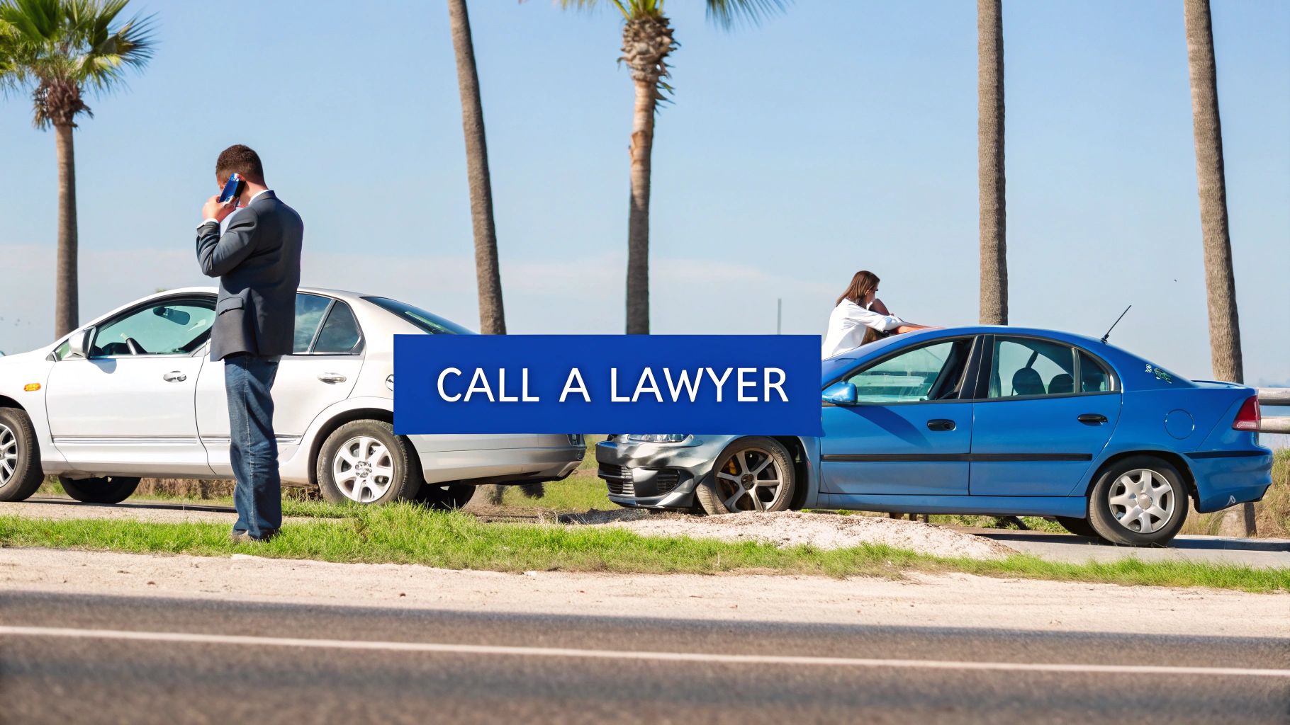 Man on phone by white car, woman by damaged blue car after accident, 'CALL A LAWYER' text.