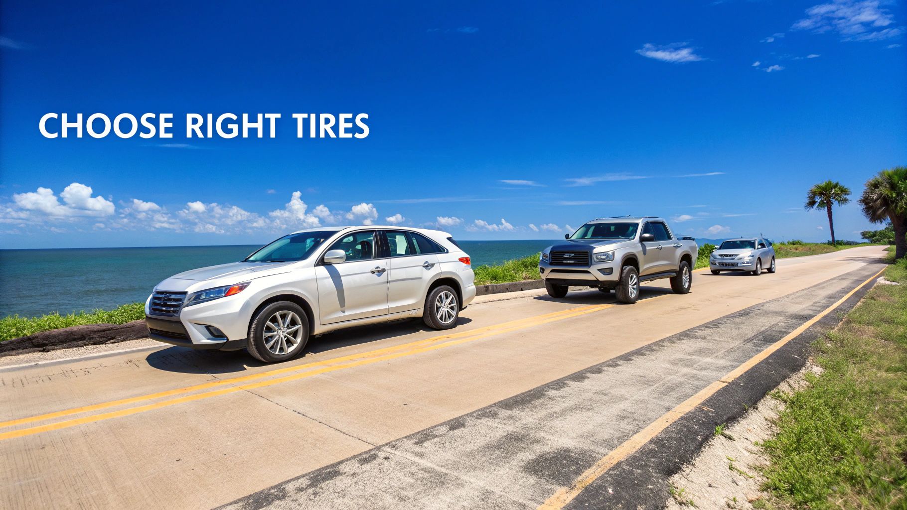 Three cars on a coastal road by the ocean under a blue sky, with text 'CHOOSE RIGHT TIRES'.