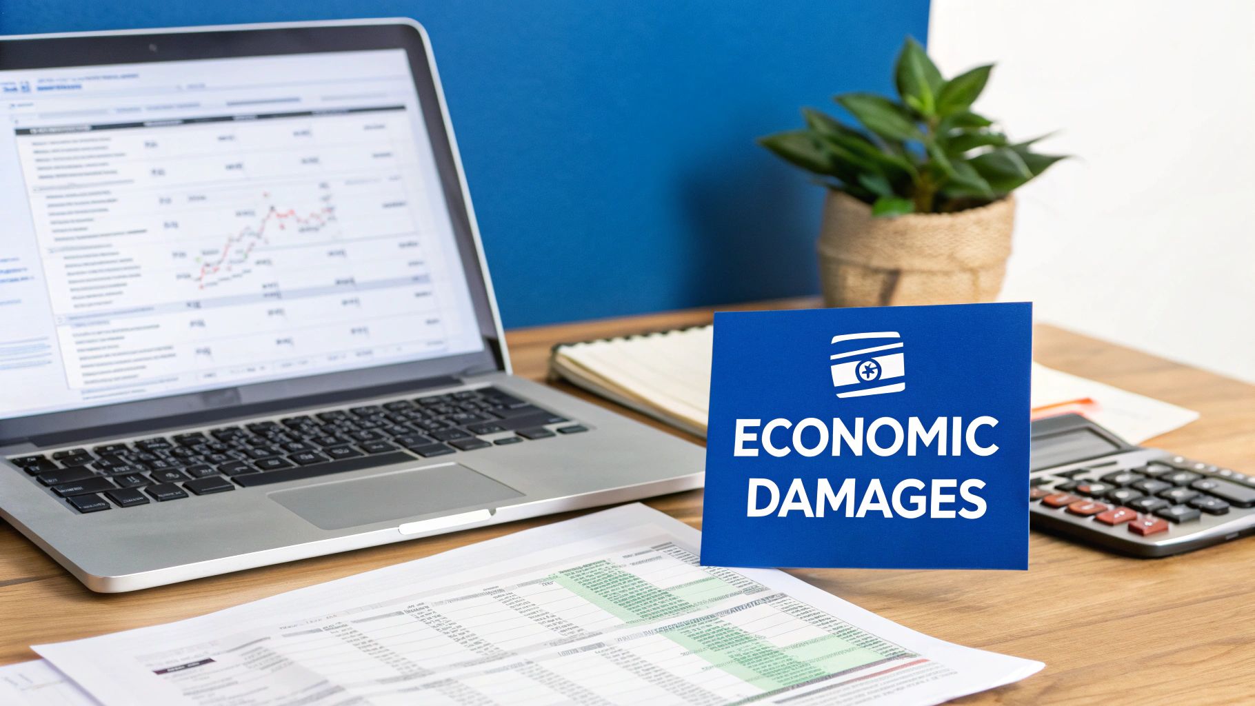A desk setup with a laptop showing financial charts, a blue sign for 'ECONOMIC DAMAGES', a calculator, and documents.
