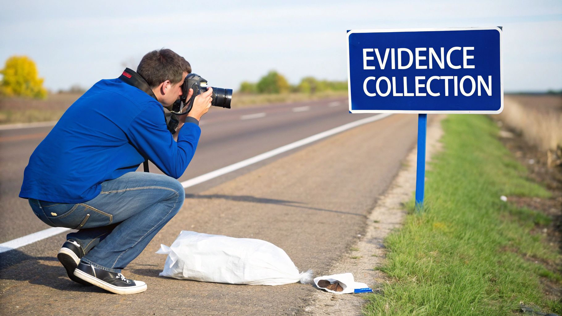 A man in a blue jacket photographs evidence on a roadside, next to an "EVIDENCE COLLECTION" sign.