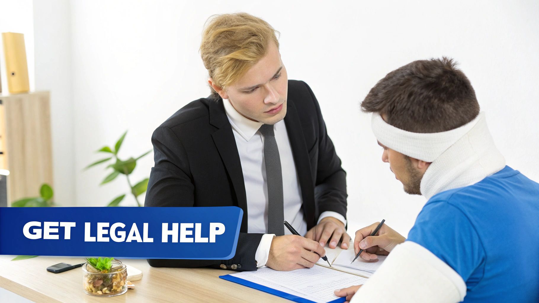 A lawyer reviewing legal documents in an office.