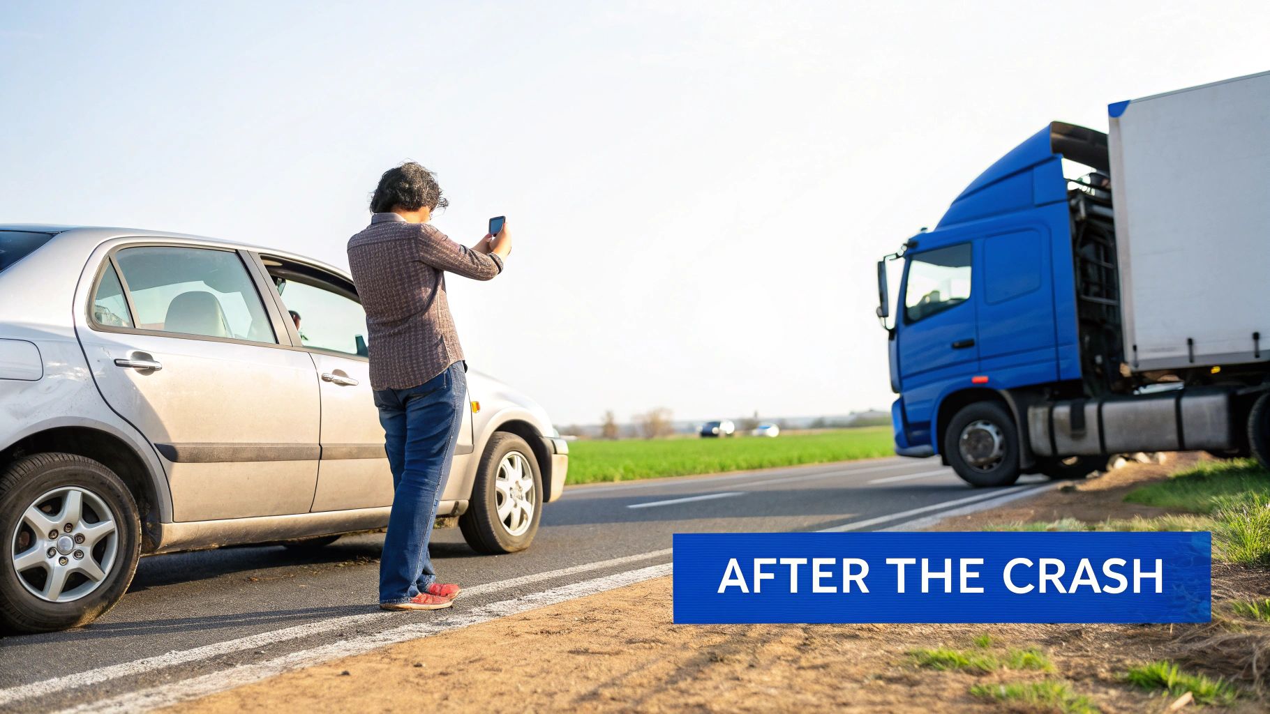 A person photographs a silver car and a blue semi-truck on the side of the road after an accident.
