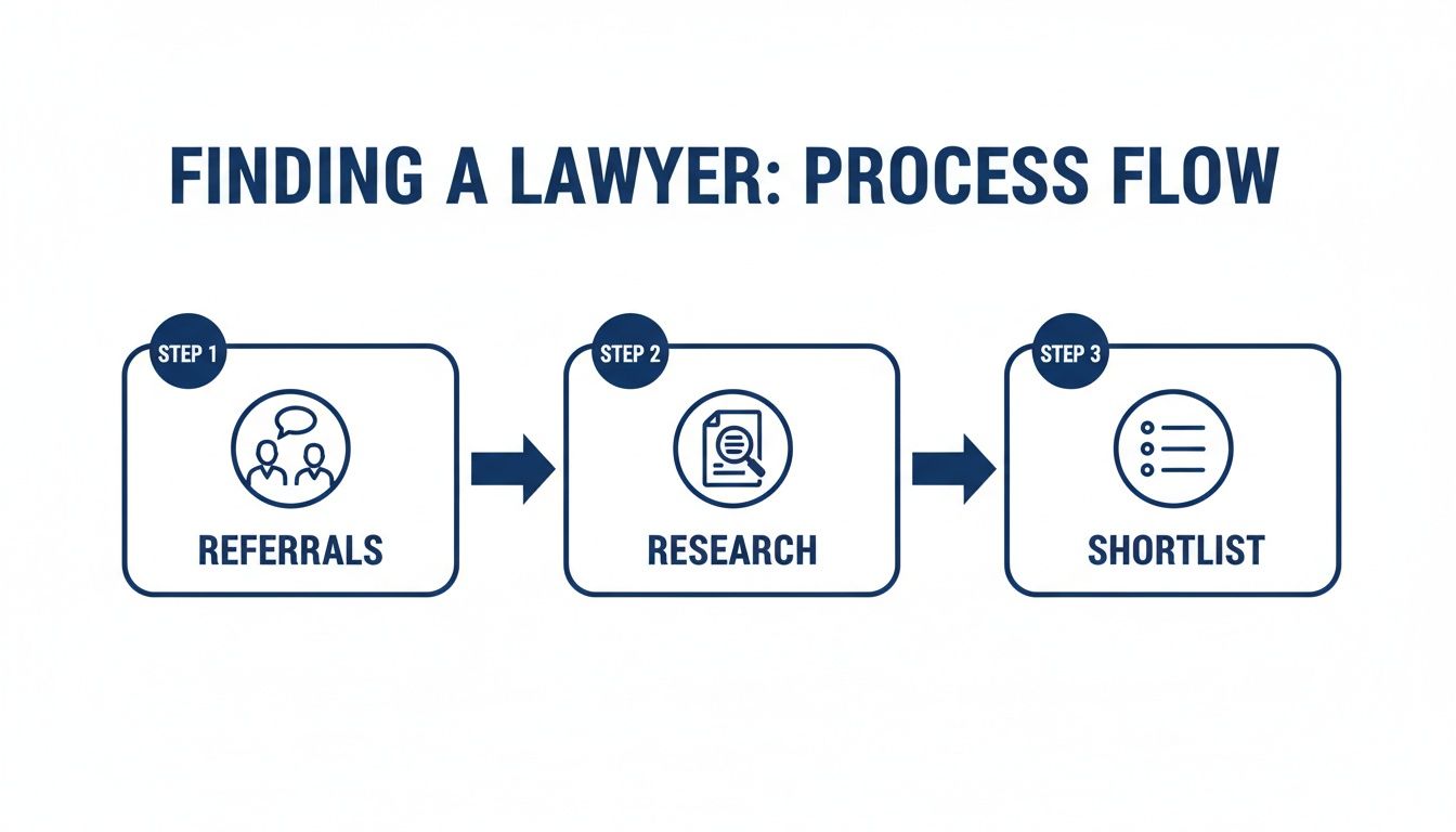 Process flow diagram showing three steps to finding a lawyer: Referrals, Research, and Shortlist.