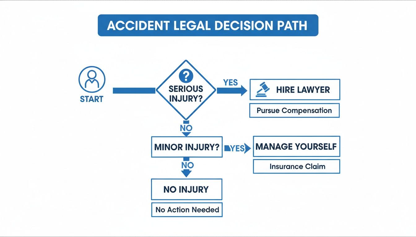 Flowchart detailing legal steps after an accident, from serious injury to no injury, with corresponding actions.