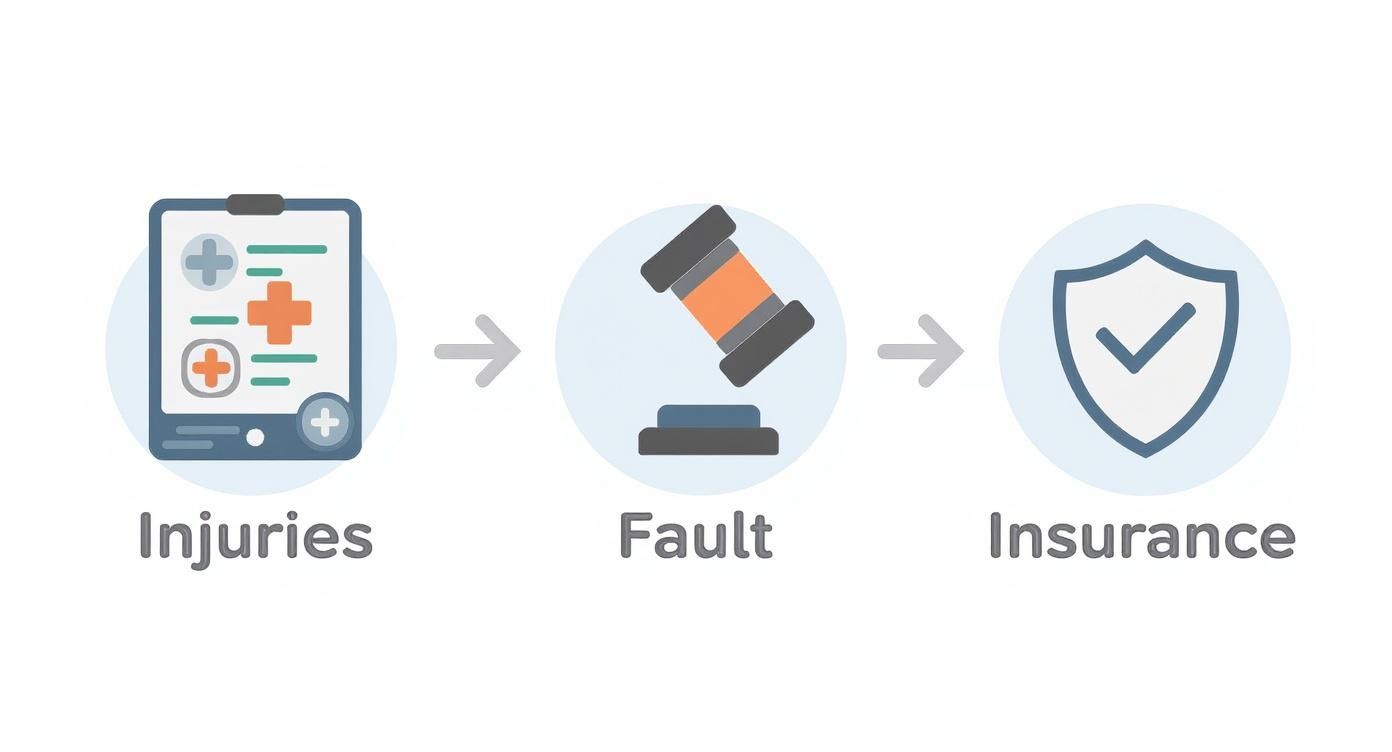 Infographic showing the process flow of settlement factors including injuries, fault, and insurance.