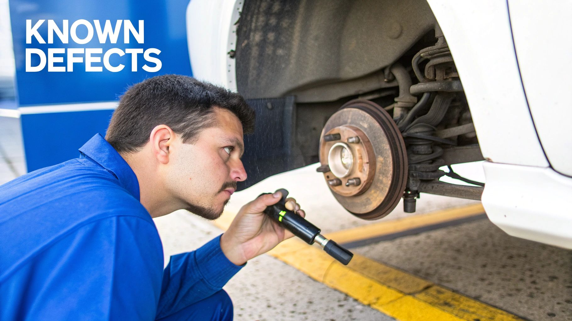 Mechanic inspecting car's brake rotor and suspension system with a flashlight, looking for known defects.