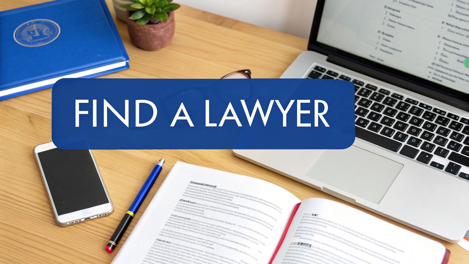 Desk setup with a laptop, smartphone, book, and pen, featuring a prominent 'FIND A LAWYER' banner.