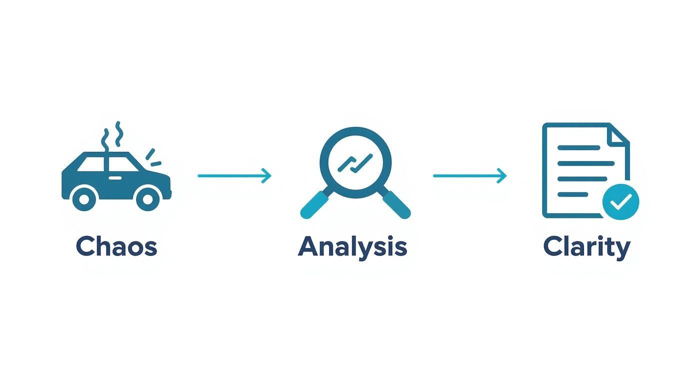 Illustrates a three-stage process: Chaos (broken car), followed by Analysis (magnifying glass), leading to Clarity (document with checkmark).