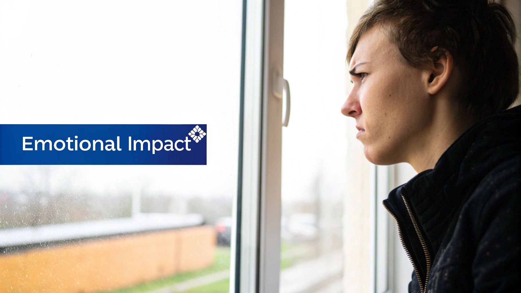 A young person with a worried expression looks out a window, next to an "Emotional Impact" banner.