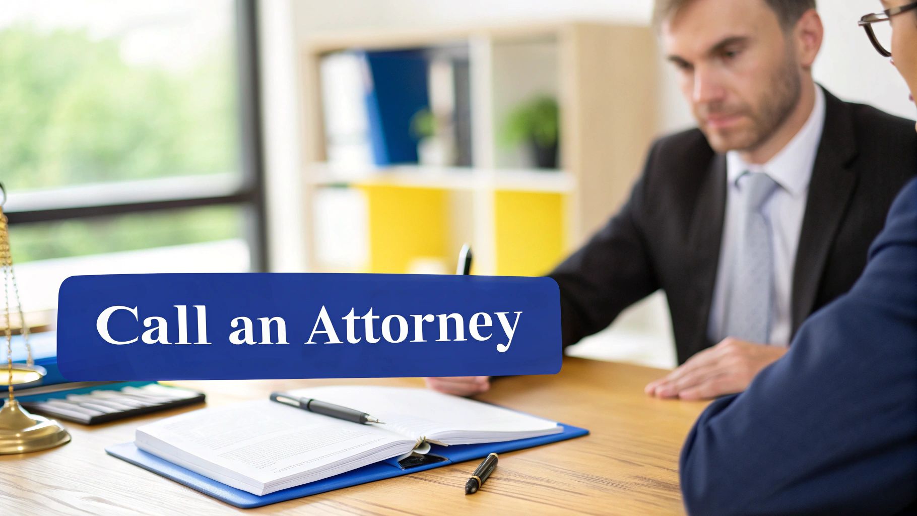 A lawyer sitting at a desk, reviewing documents with a client, suggesting a professional consultation.