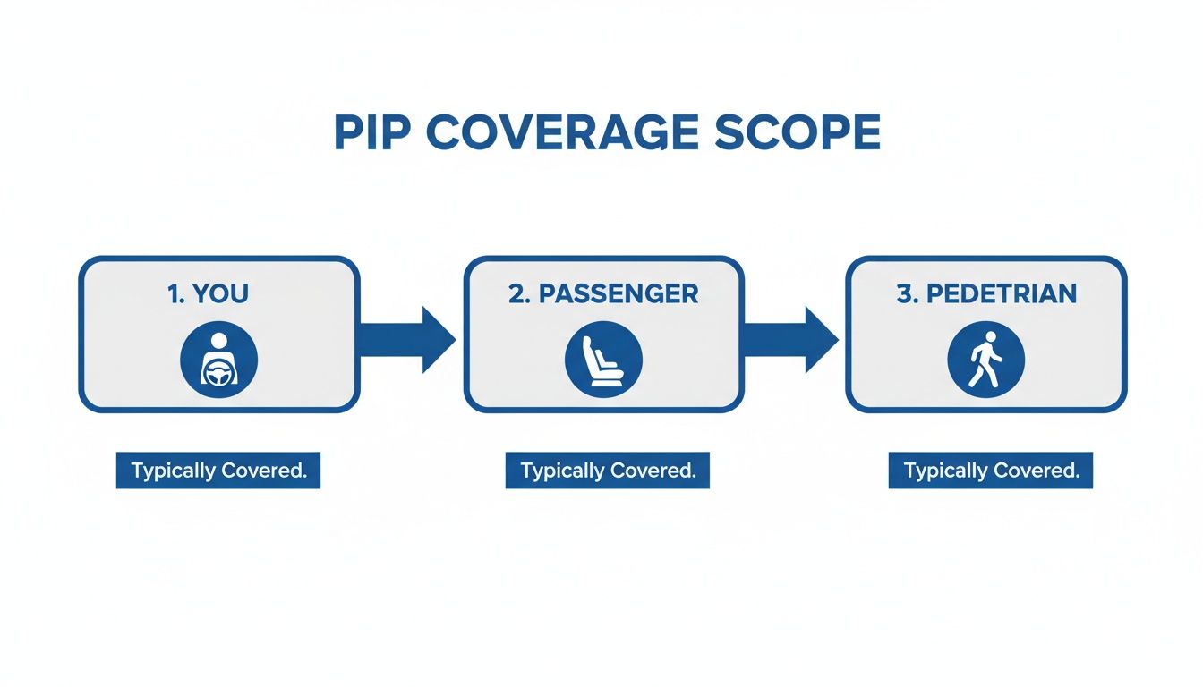 Diagram illustrating Personal Injury Protection (PIP) coverage scope for drivers, passengers, and pedestrians.