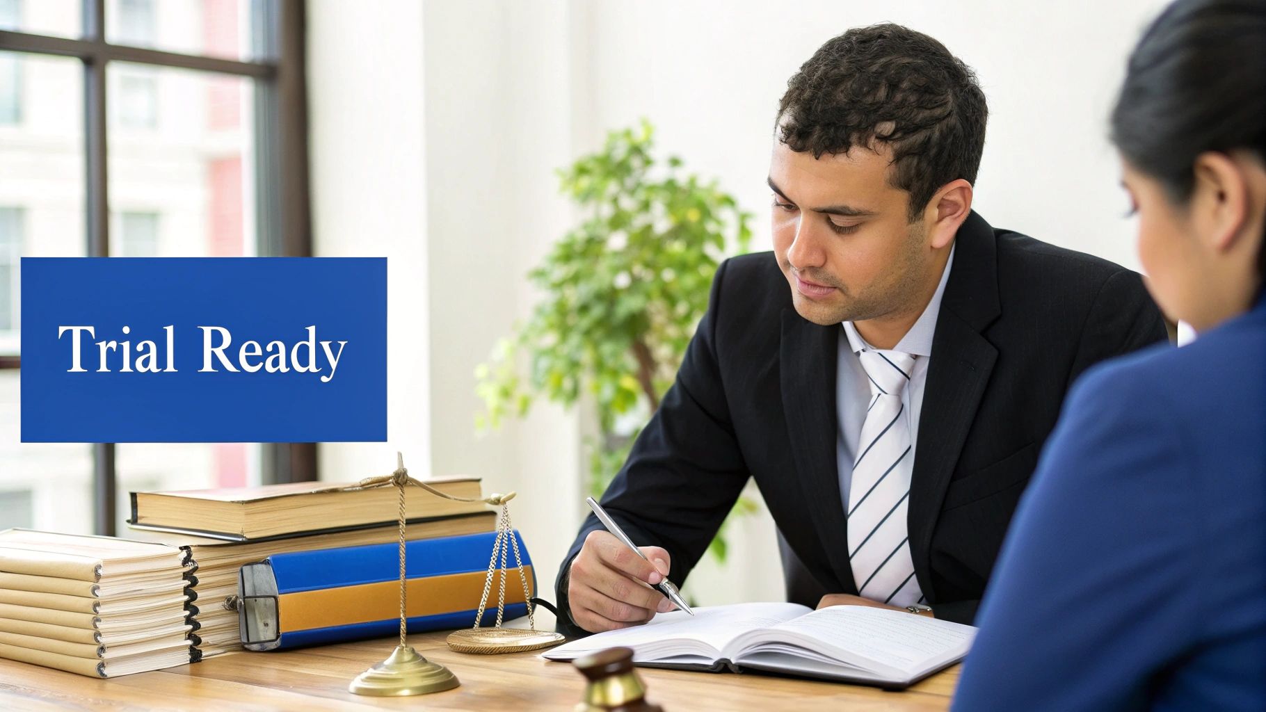 Personal injury lawyer consulting with client reviewing legal documents in modern office setting