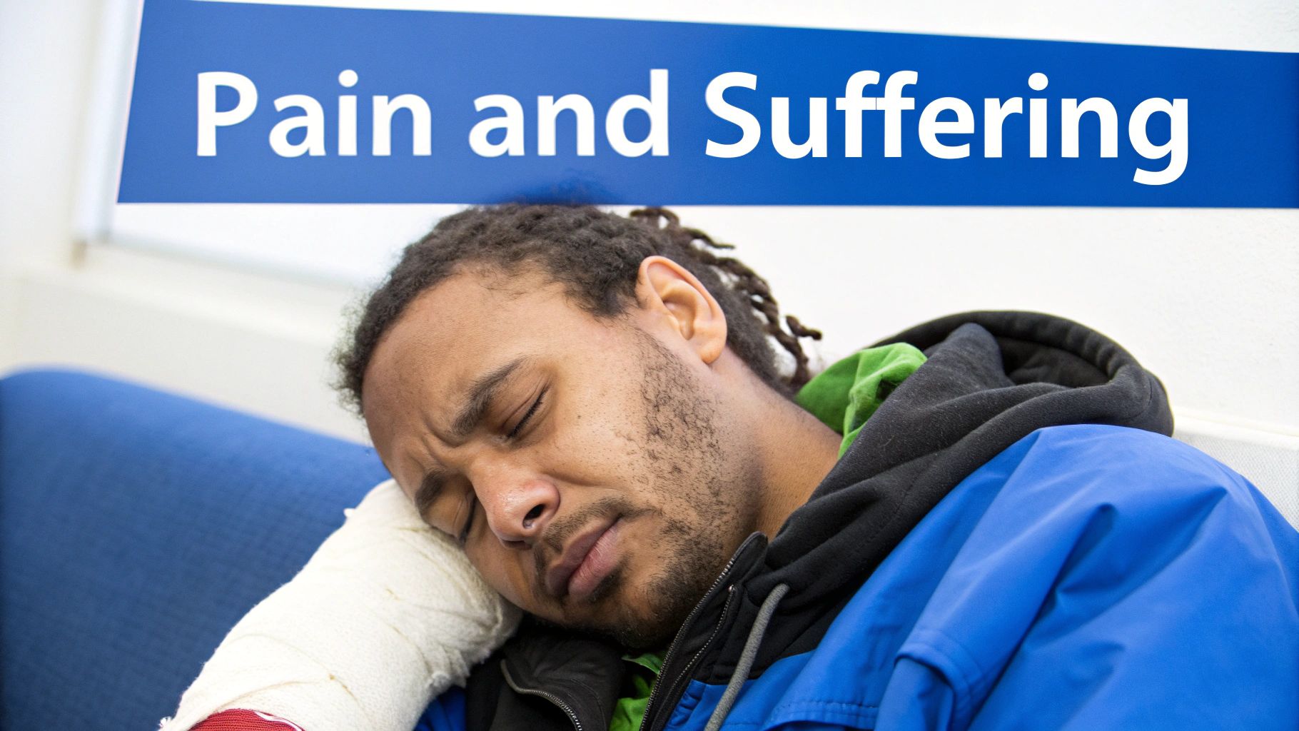 A man with a bandaged arm rests, appearing to be in discomfort, under a sign reading 'Pain and Suffering'.
