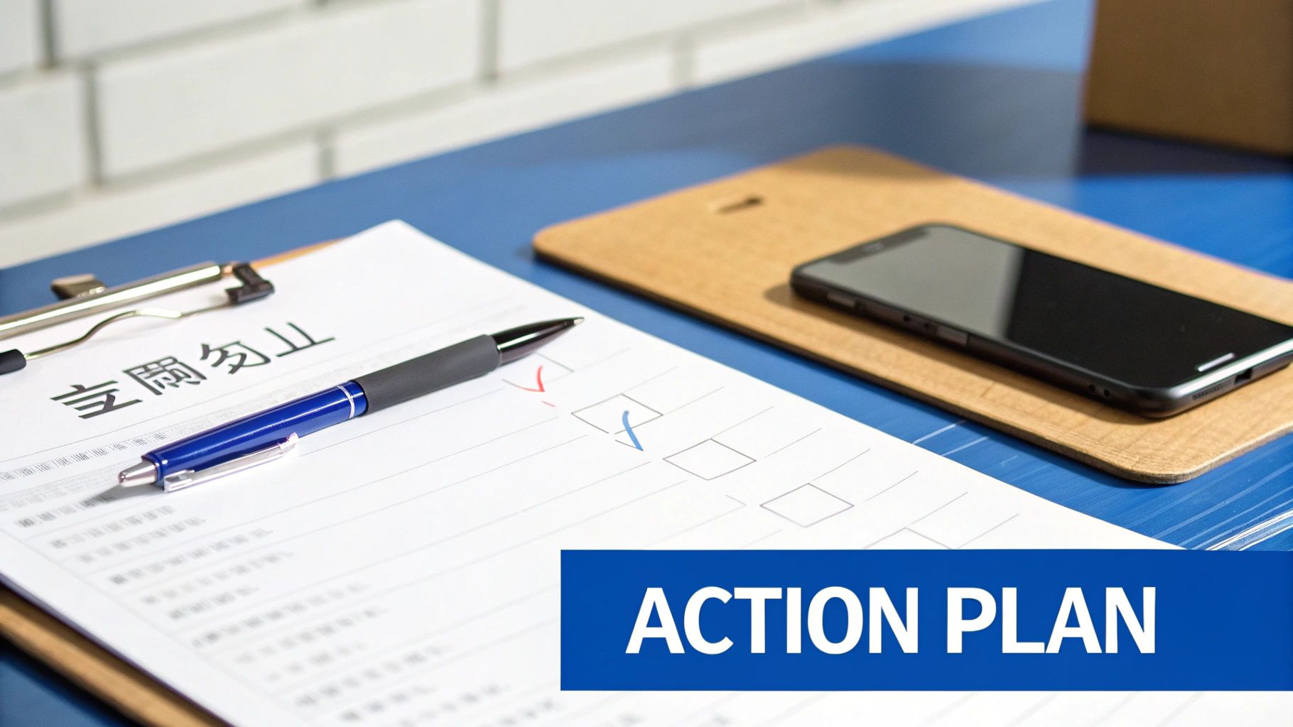 A desk with a checklist document, a blue pen, and a smartphone next to an 'ACTION PLAN' banner.