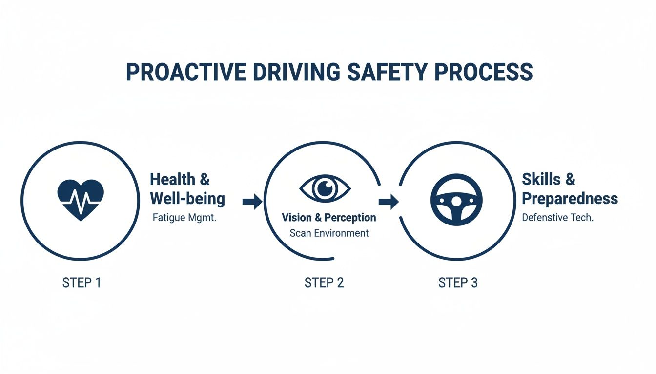 A three-step diagram illustrating a proactive driving safety process: health, vision, and skills.