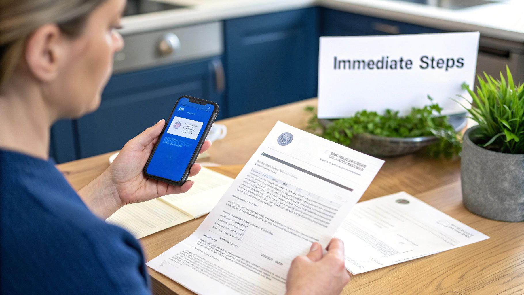 A person reviews documents and a smartphone displaying information, with 'Immediate Steps' sign nearby.