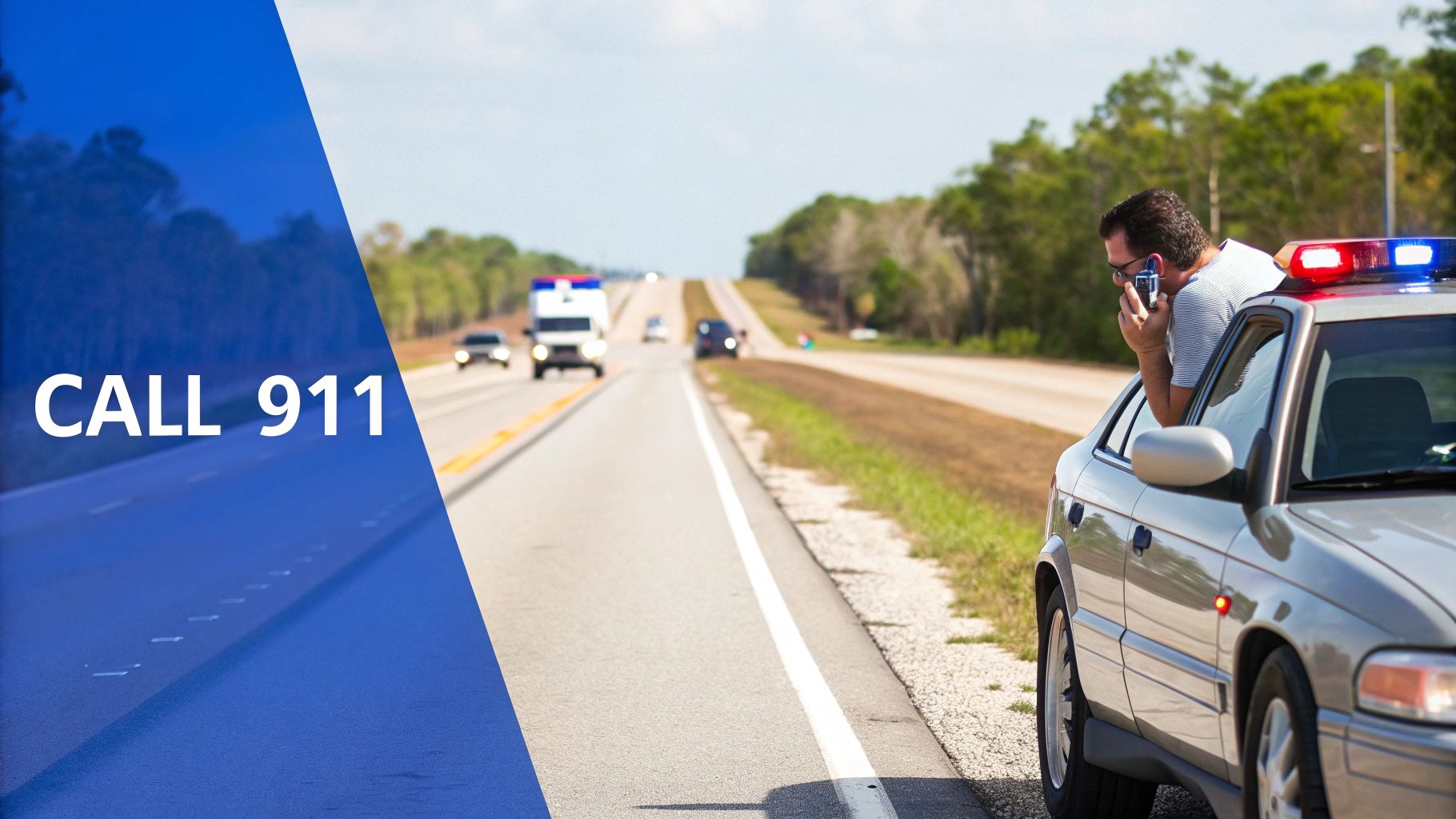 A man on a cell phone next to a police car with flashing lights on a highway, text 'CALL 911'.