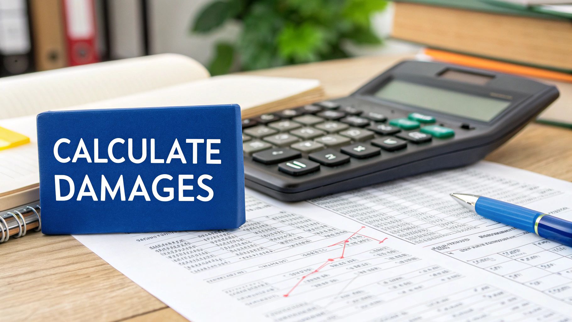 A calculator, pen, and financial documents on a desk, illustrating the process of calculating damages.
