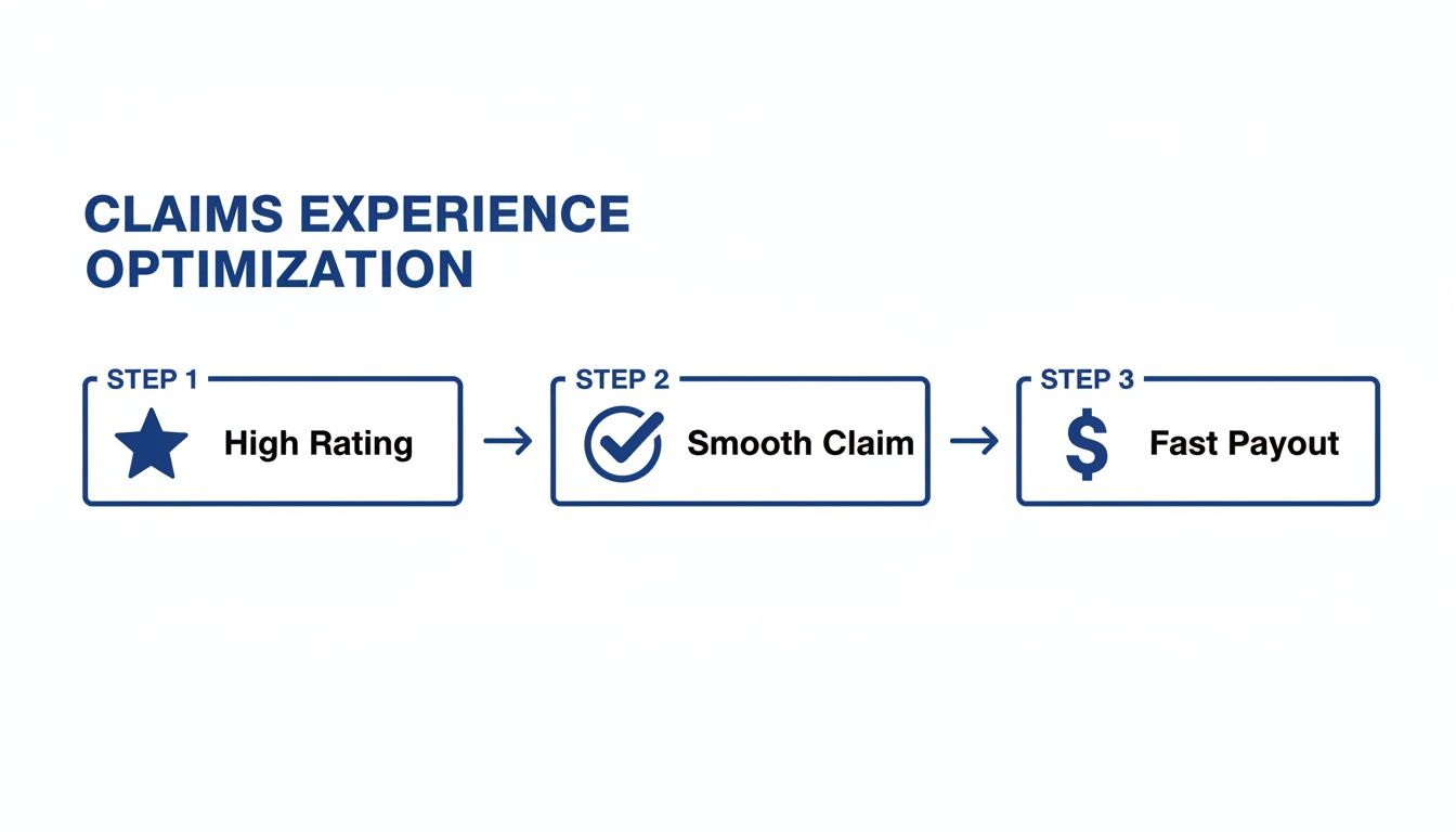 Diagram illustrating claims experience optimization with steps: High Rating, Smooth Claim, Fast Payout.