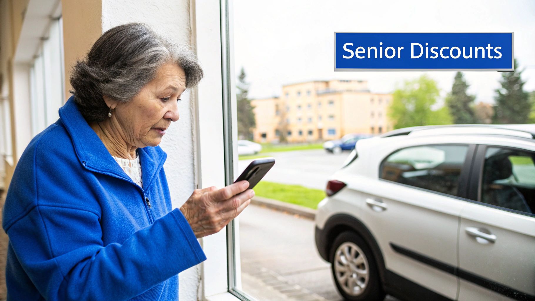An elderly woman in a blue jacket looks at her smartphone, with a white car and a "Senior Discounts" sign visible outside.
