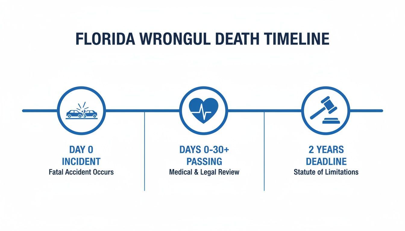 Timeline illustrating Florida wrongful death process: accident, medical review, and 2-year statute of limitations.