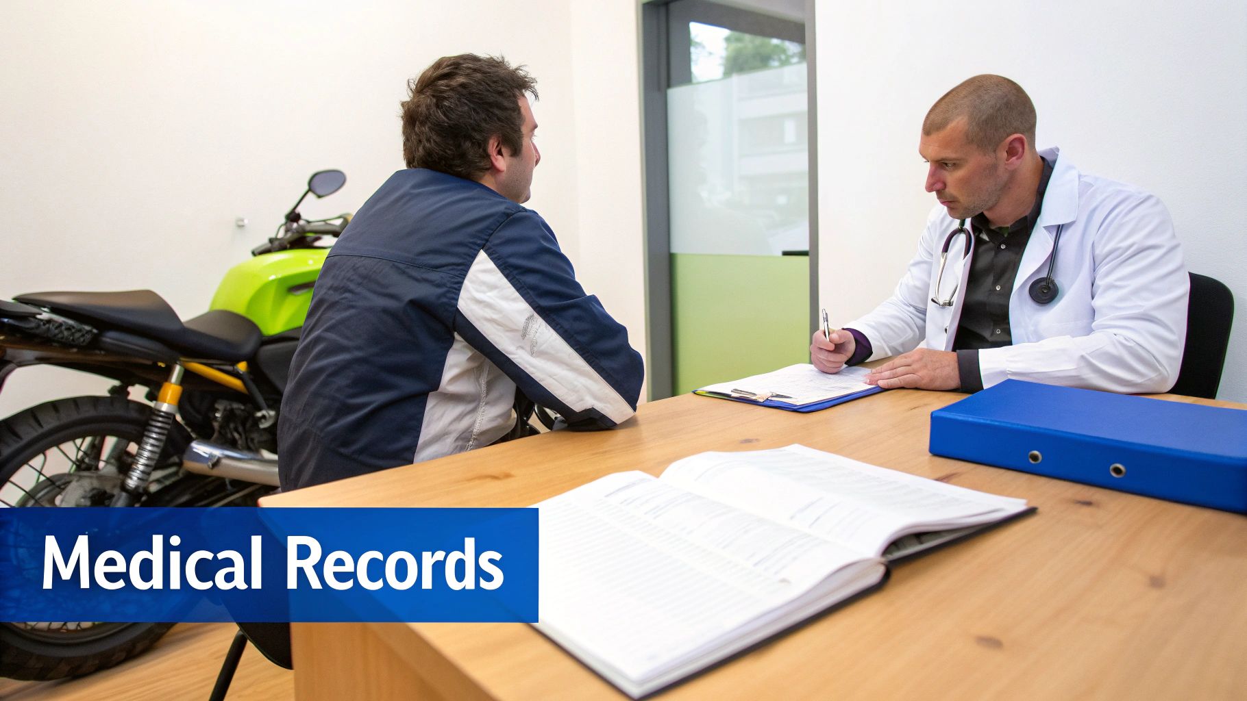 A doctor consults with a patient at a desk, with a green motorcycle visible in the background.