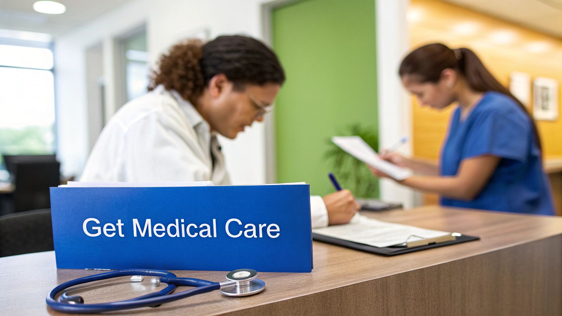 Medical clinic reception desk with stethoscope and Get Medical Care sign, healthcare workers assisting patients
