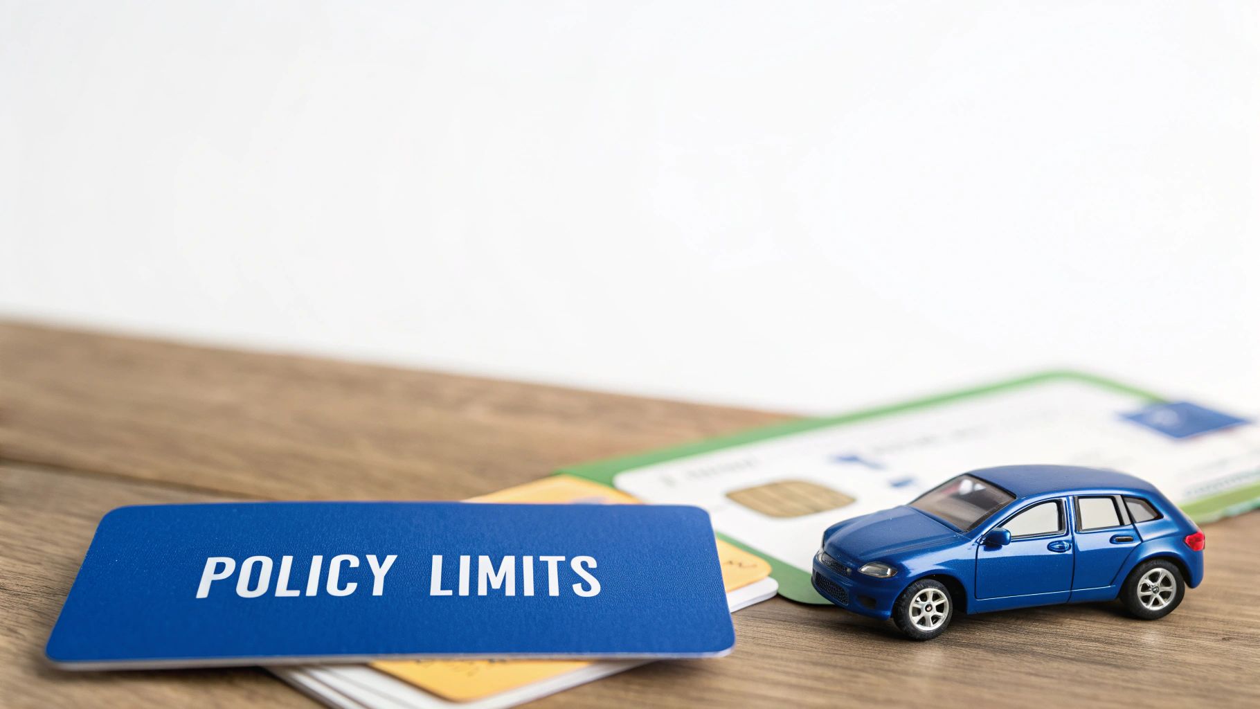 Blue card with 'POLICY LIMITS' text, a toy car, and financial cards on a wooden table.