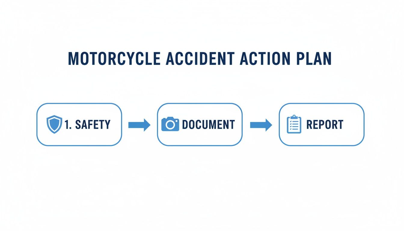 A three-step infographic showing a motorcycle accident action plan: 1. Safety, Document, Report, with relevant icons.
