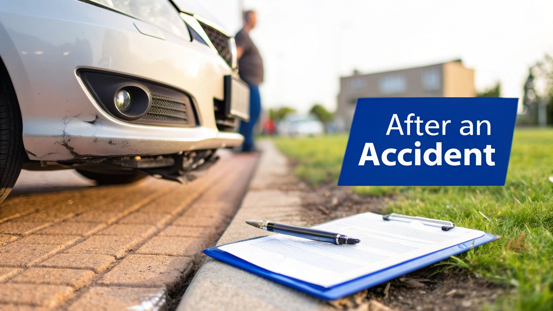 A silver car with a damaged front bumper after an accident, with a clipboard and pen on the grass.