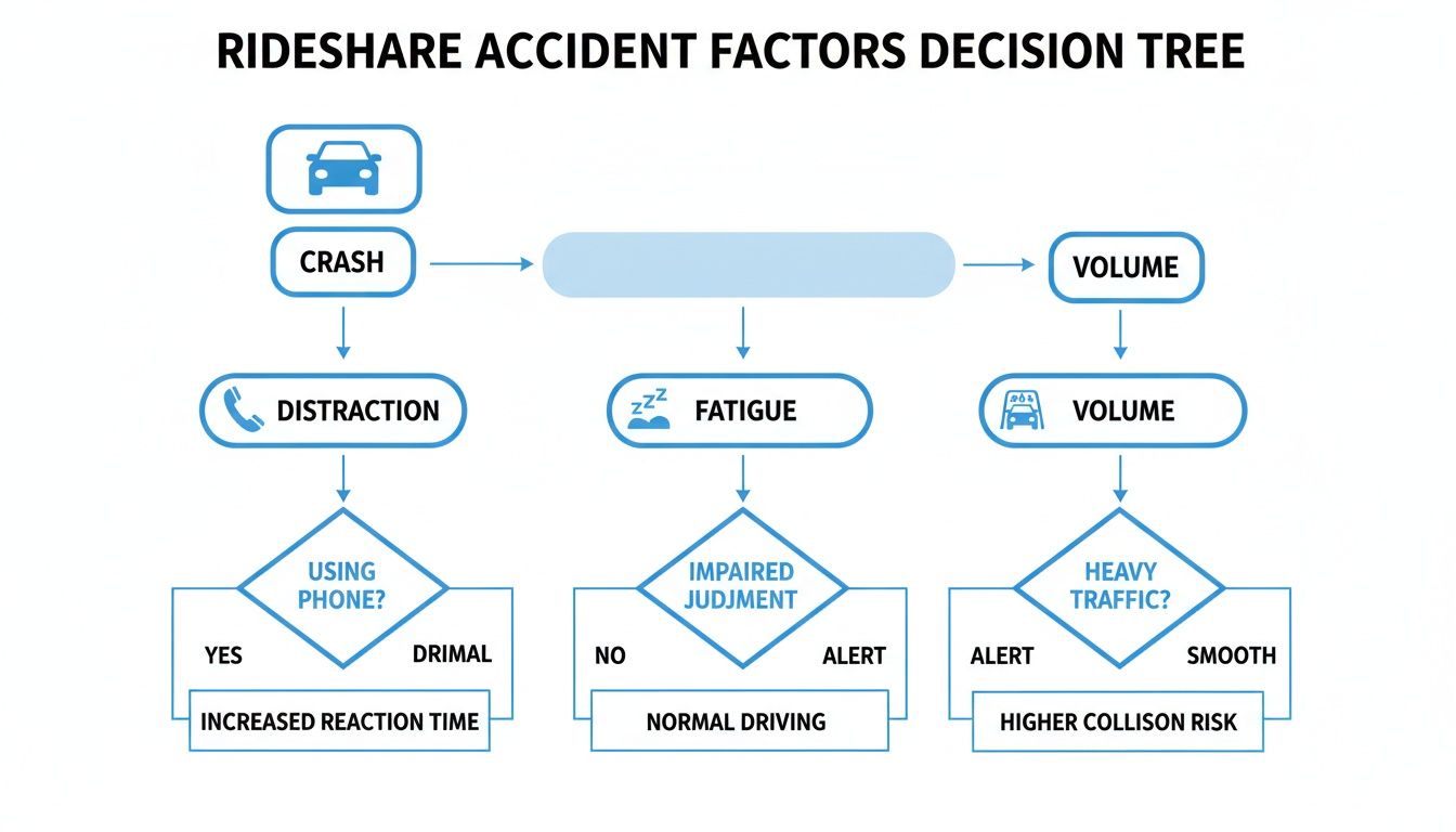 A decision tree illustrating rideshare accident factors including distraction, fatigue, and traffic volume.