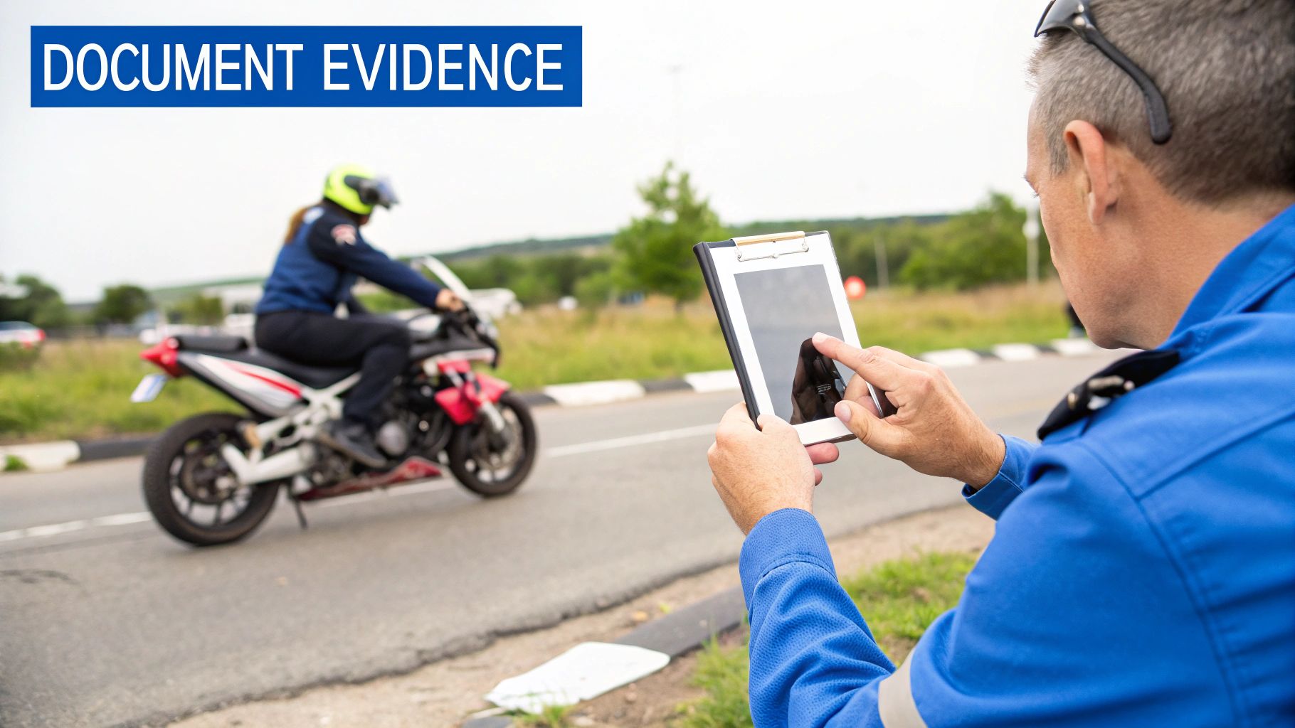 An officer documents evidence on a digital tablet while a motorcyclist is in the background.